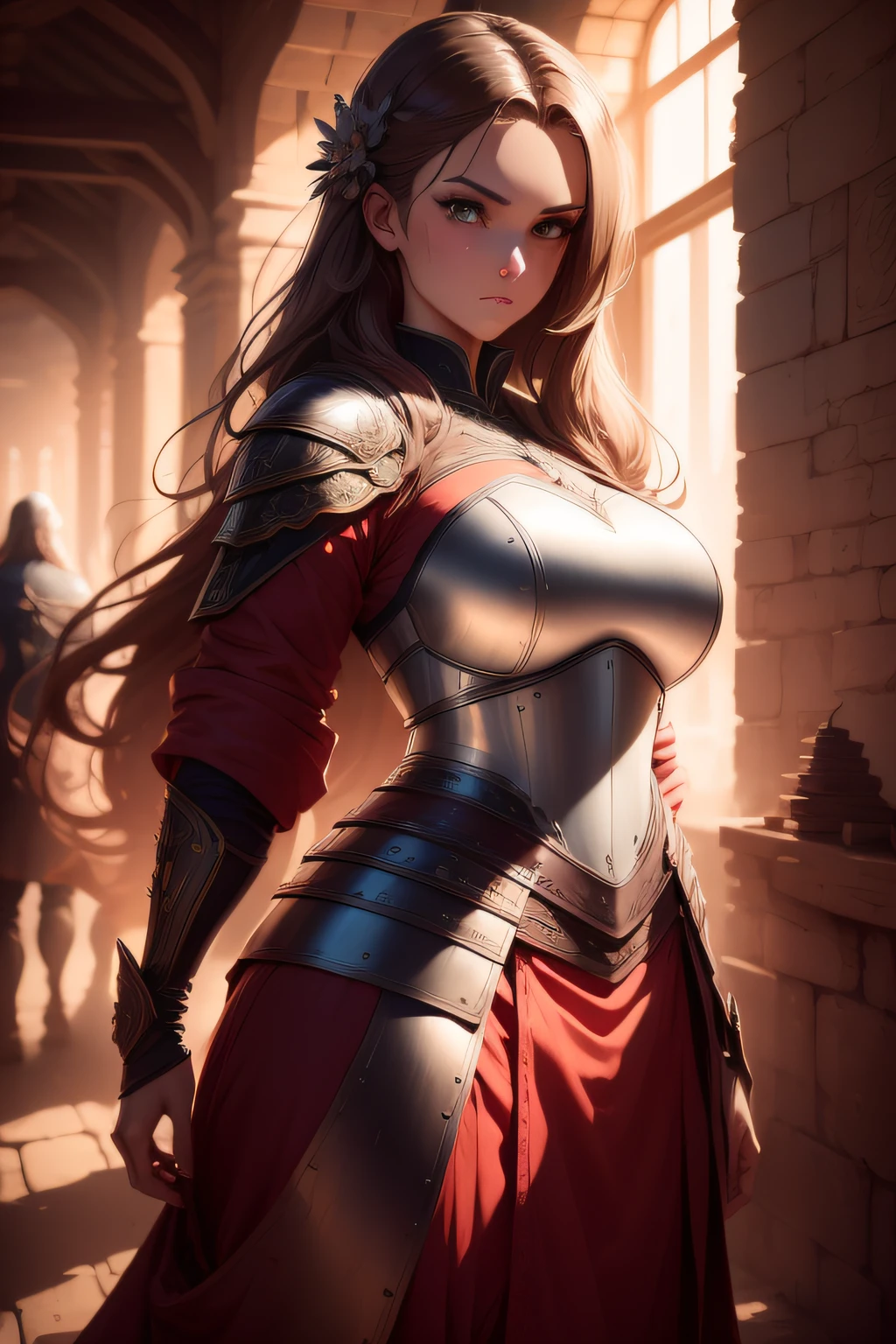 from below,looking at viewer,fighting stance,(ultra detailed skin),curvy,petite,beautiful breasts,large breasts,pale skin,pointy breasts,erect nipples,(fantasy art,Highest image quality,Hyperrealist portrait,(8k),ultra-realistic,best quality, high quality, high definition, high quality texture,high detail,beautiful detailed,fine detailed,extremely detailed cg,detailed texture,a realistic representation of the face,masterpiece,Sense of presence,Dynamic,bold),(thin hair),(soft hair),(straight hair:1.5),Swept long bangs,extra light coppery amber hair,hair over one eye,((clothed:1.5),leather boots,leather gauntlet,(carbon armor:1.5),(red embroidered white dress:1.5),(long silk sarong:1.5))),Brave stance,(seaside:1.5)