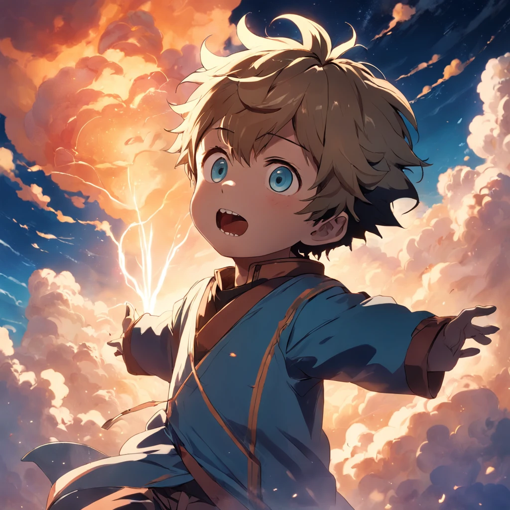 masterpiece, best quality, movie still, 1boy, mask, cloud boy, floating in the sky, close-up, bright, happy, warm soft lighting, sunset, (sparks:0.7)