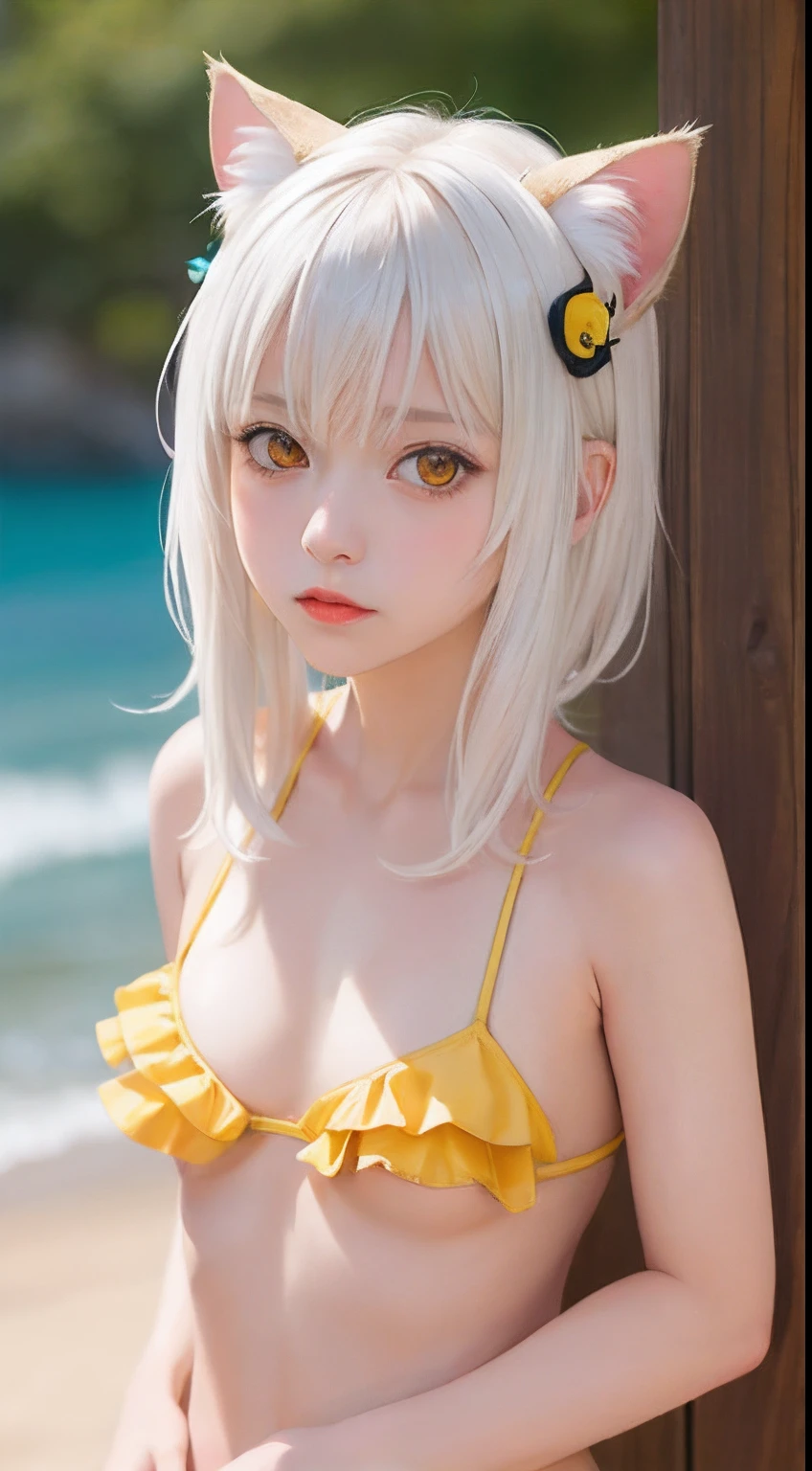 best quality, (masterpiece:1.2), highly detailed, standing, beach, cat ears,
1girl, solo, tojou koneko,
looking at the viewer, closed mouth, (upper body:1.2), small breasts,
yellow eyes, white hair, short hair, hair ornament, frilled bikini