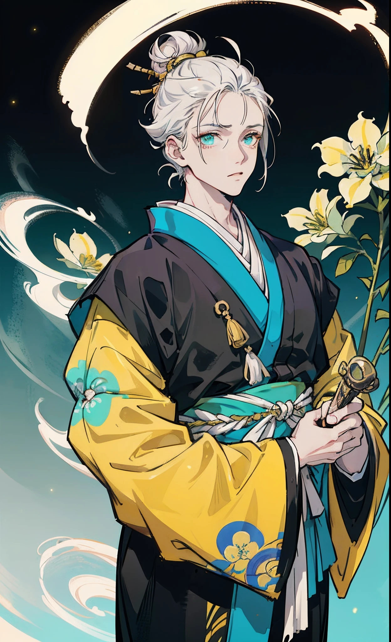 ((night)),( Ancient Japanese village scenery ) ,starry sky, classic, a male,(robust), (muscular body), ((gojo satoru from jujutsu kaisen)), cool face, (big turquoise eyes), ((short white hair)),(mystic),(((Japanese costume))), (fantasy), detailed face,((holding yellow flowers in hand)), butterfly pattern on clothes, eyes look straight, prominent eyes, white eyebrows, medal, cloud, roadside grass, gradient color