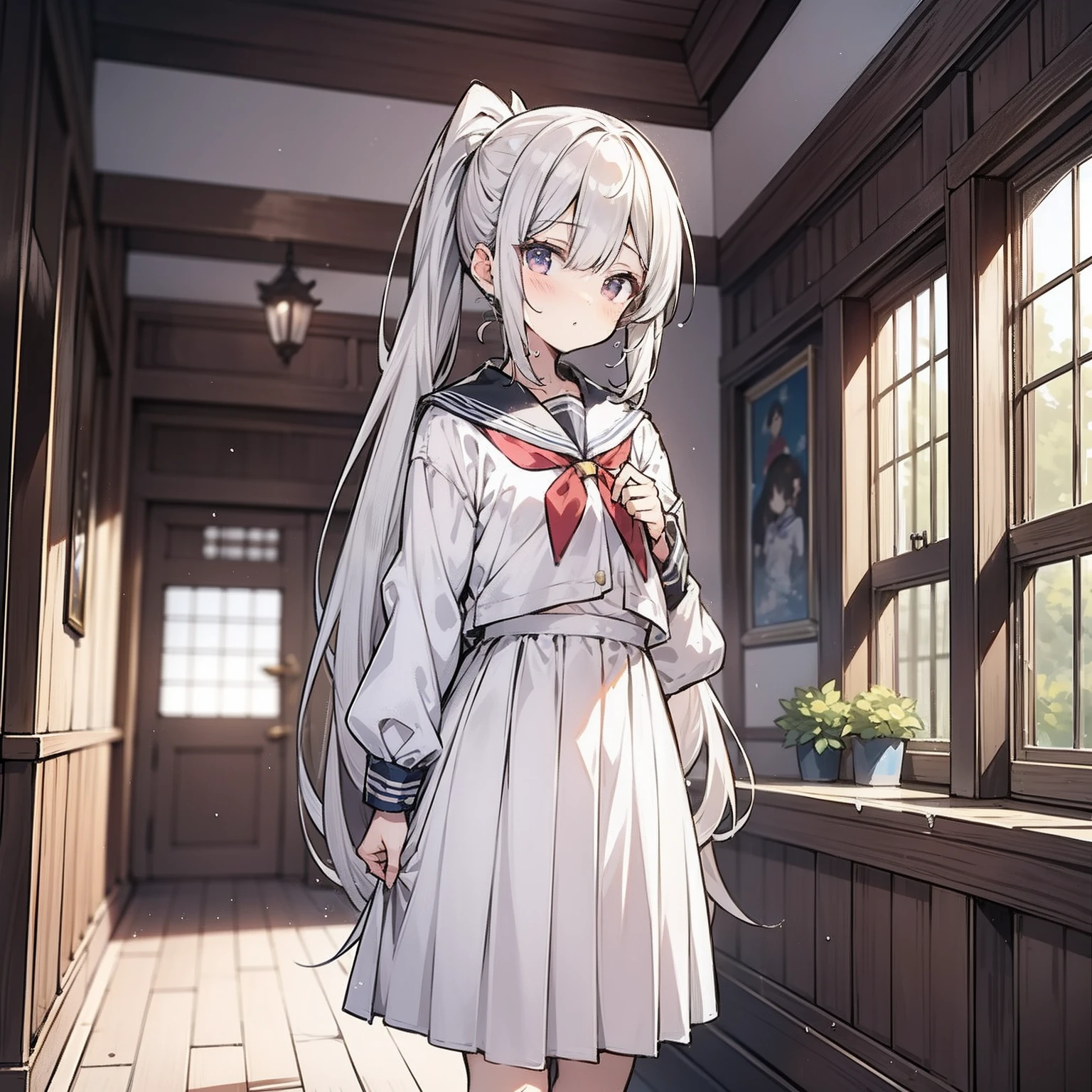 Anime girl around ,Double ponytail hairstyle 1.5,Long white hair 1.5,Wearing a plain white school uniform,Standing in the room drenched(Frow 1.5)(The background is a room in the village:1.5),Anime style 4K,Anime rendering,style of anime,8K fineness,(Upper body display:1.5)(Cinematic lighting:1.5)(Flat chest 1.5)(Little Lori