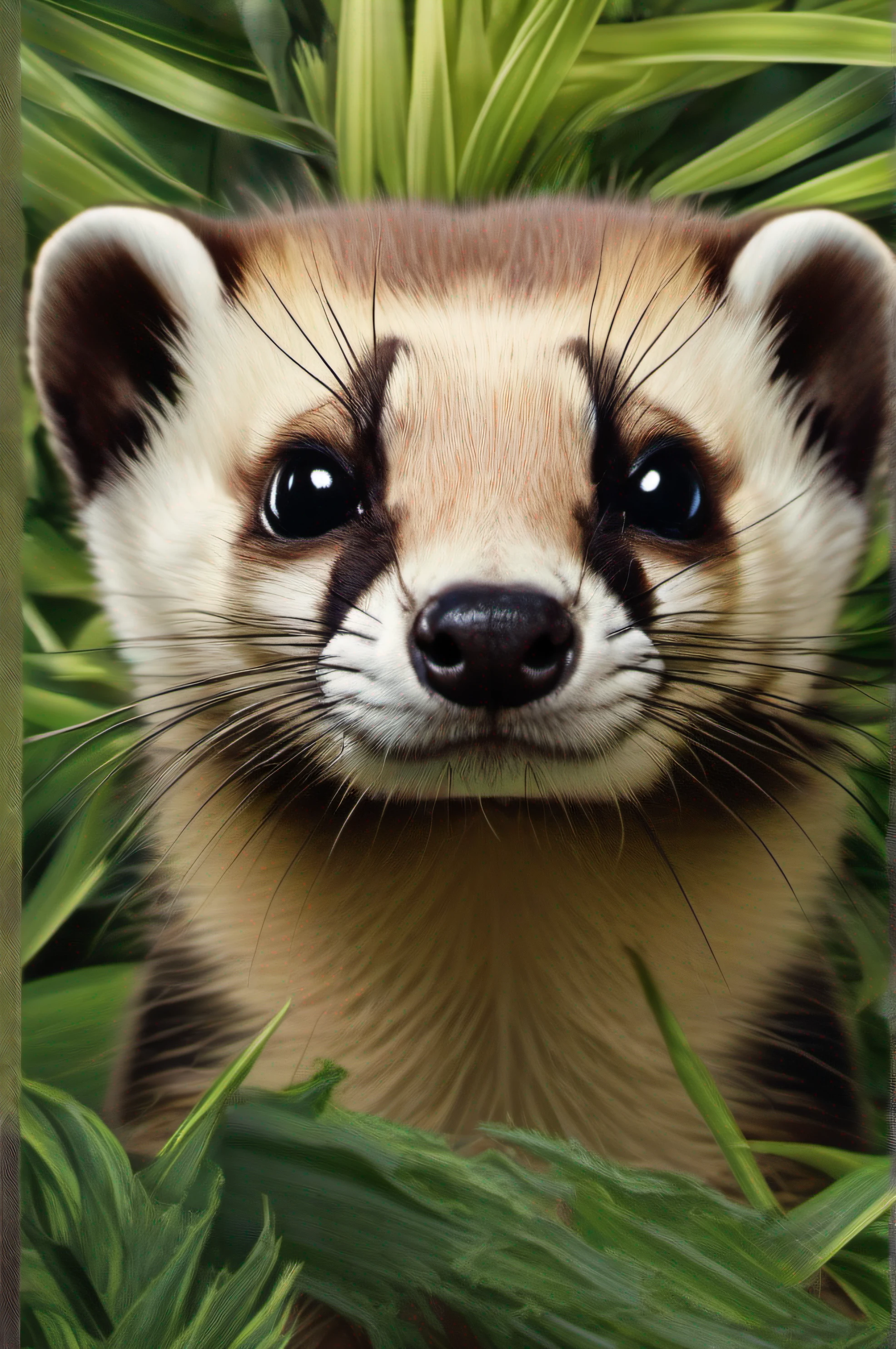 High nation-geographic symmetrical close-up portrait shoot in green jungle of an expressive Black Footed Ferret, anamorphic lens, ultra-realistic, hyper-detailed, green-core, jungle-core –ar 16:9 –q 2 –v 5 rtx on --ar 73:128 --s 750 --v 5. 2