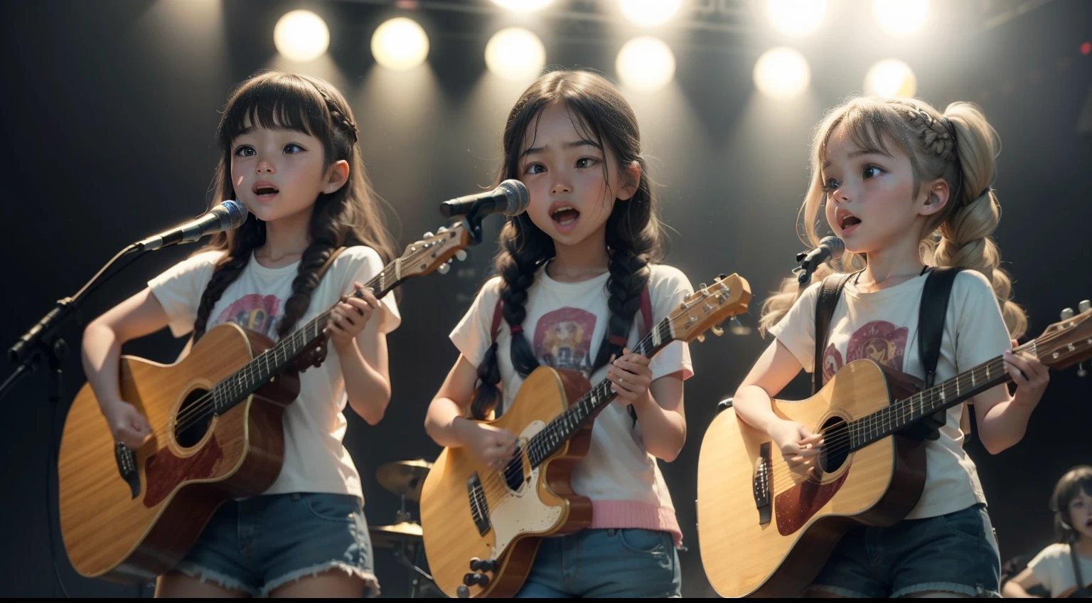4 girls , with long braided hair, cute tops, shorts, singing into a microphone