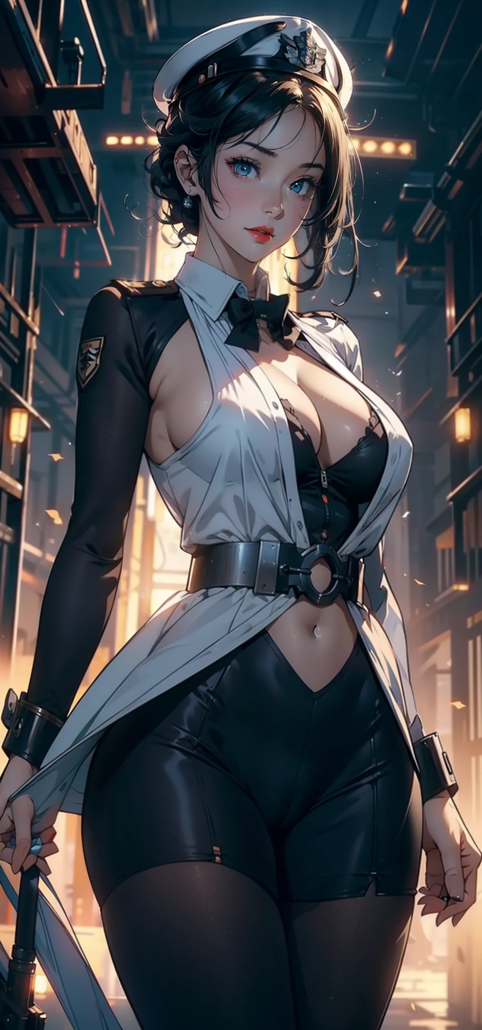 1female,35yo,plumw,extremely large bosom, 独奏,(Background with:Huge machinery,droid,aerodrome,Planes,Huge mechanical armor,) She has very short black hair,bobo head,Stand on the plane,,seen from the front, hair straight, mostly cloudy sky,(((tmasterpiece),(Very detailed CG unity 8K wallpaper),best qualtiy,cinmatic lighting,detailed back ground,beatiful detailed eyes,Bright pupils,Blue eyes,Snow-whiteskin,Redlip(Very fine and beautiful),(Beautiful and detailed eye description),ultra - detailed,tmasterpiece,))facing at camera,A high resolution,ultra - detailed),revealing breasts,Bare genitalia, Bulge,legs are open,Raised sexy,Camel toes,Flushed complexion,Desire for dissatisfaction,frontage,British Air Force,Aviator,Officer's cap(Wearing:tailcoat,White color blouse,a black bowtie,Black pantyhose,Bare breasts)