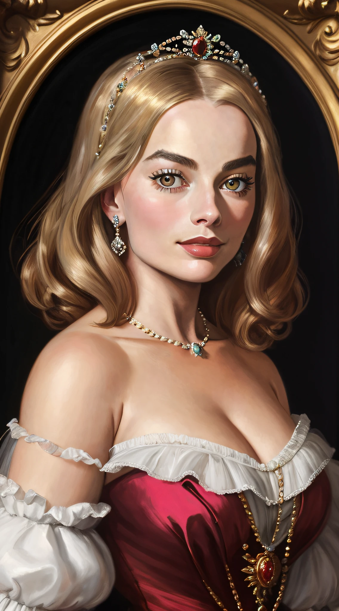 an half body Portrait of anne carr((margot robbie)) Countess of Bedford,looking at camera,front view,centered,Anthony van Dyck