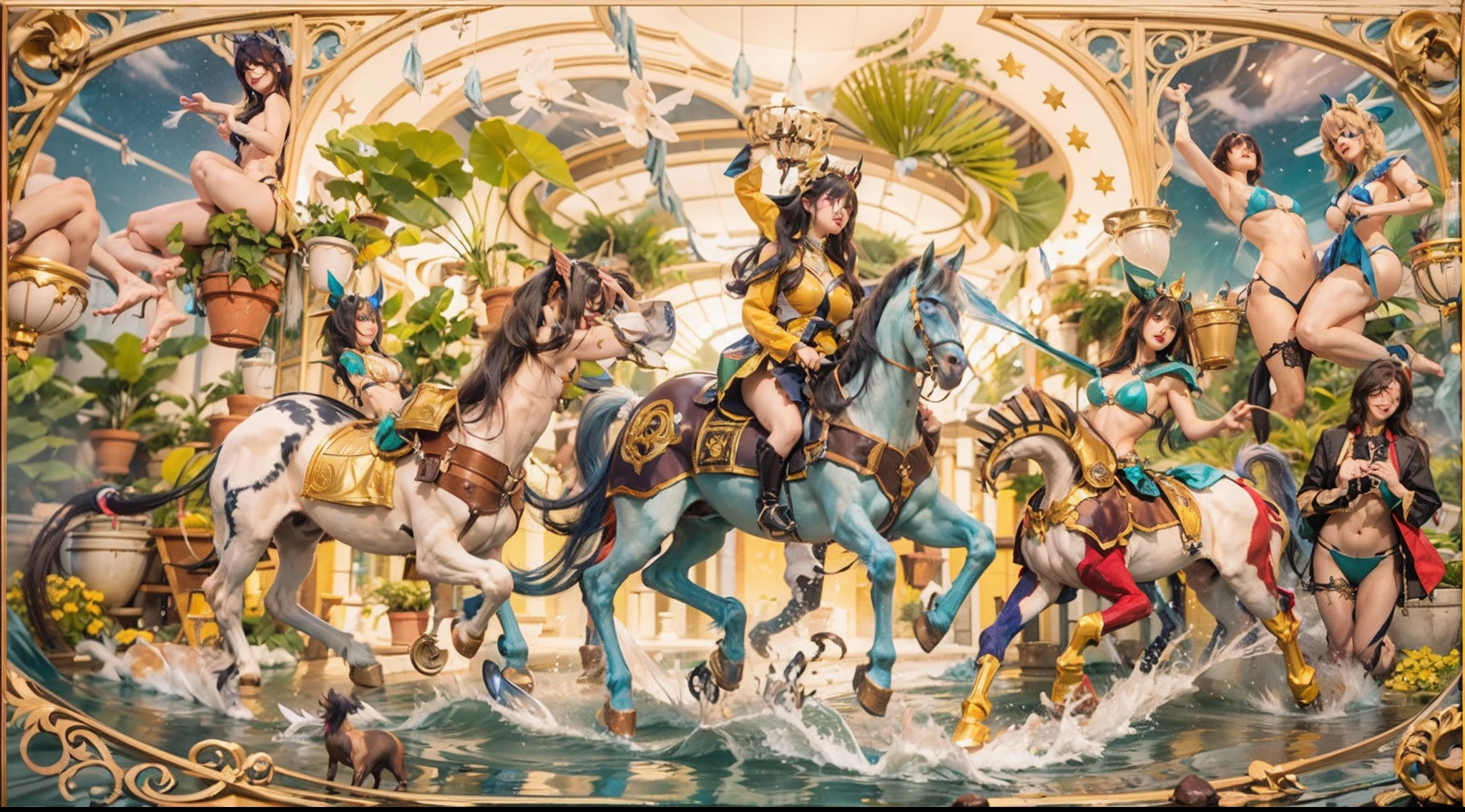 In the beautiful illustration of this super-grand scene,The ultra-long-range lens is shown(Over eight unique centaur characters:9.9),They all have their own characteristics,Vivid and interesting。Radiant angelic centaurs from the heavenly realm,To the hellish centaurs surrounded by nightmarish flames,And then to the Wind Fairy Centaur dancing in the air,There are also one-horned centaurs surrounded by thunder and lightning,and mechanical centaurs that shine with metallic light,And then to the powerful dragon centaur with colored dragon scales covering the whole body,The elegant and agile elf centaur always wears a flower crown with its slender graceful lines,Enchanting and charming Tiflin centaurs。Each character has their own unique charms and abilities。The illustration uses advanced artistic techniques and tools,(Divide the scene into sections by geometric arrangement:9.9),Each section corresponds to a centaur character,This makes more efficient use of space。Through Midjourney's advanced brush tools、Color palette、Material packs and model packs,For each centaur, beautiful props are designed to increase racial characteristics、Clothing and physical features,Enhances the character's personality and visual appeal。The scenery in the illustrations is stunning,There are changing skies、rainbowing、extreme light、Stars and Moon。Incorporating iconic landmarks such as Mount Everest,and fireworks、tranquil lake、Natural and urban elements of waves and neon lights,Creates a magical atmosphere。The centaurs display their unique abilities and equipment in a variety of environments,This is true even in extreme alien landscapes。(Use Midjourney's tools、Material packs、Texture tools、The color palette makes depicting details vivid and realistic:9.9),From complex hairstyles and as well as different racial traits、Body、Appearance features、Clothing to real textures,This greatly enhances the realism of the characters and surroundings。The fusion of multiple art styles adds movement to the centaur's