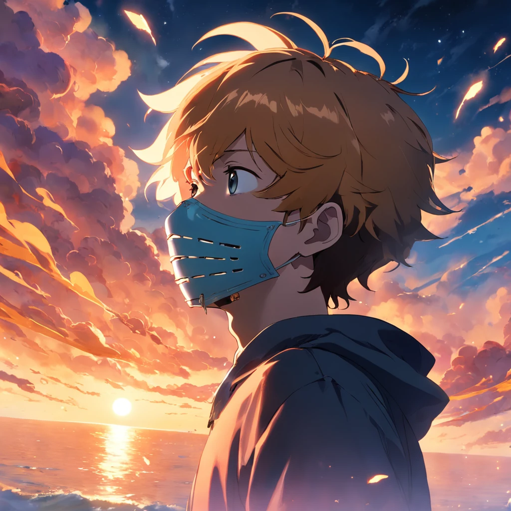 masterpiece, best quality, movie still, 1 ager male, mature, (((mask))), cloud, floating in the sky, close-up, bright, happy, warm soft lighting, sunset, (sparks:0.7)