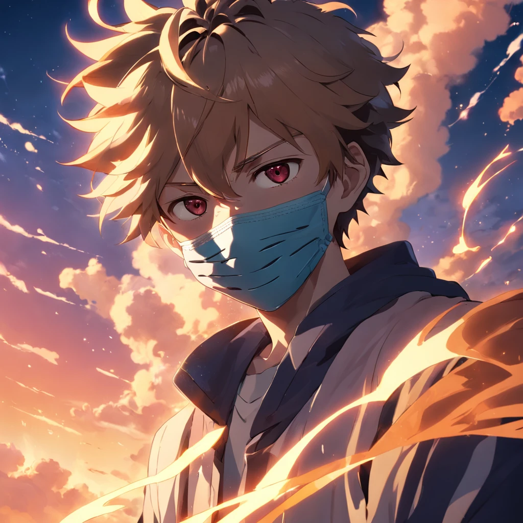 masterpiece, best quality, movie still, 1 ager male, mature, (((mask))), cloud, floating in the sky, close-up, bright, happy, warm soft lighting, sunset, (sparks:0.7)