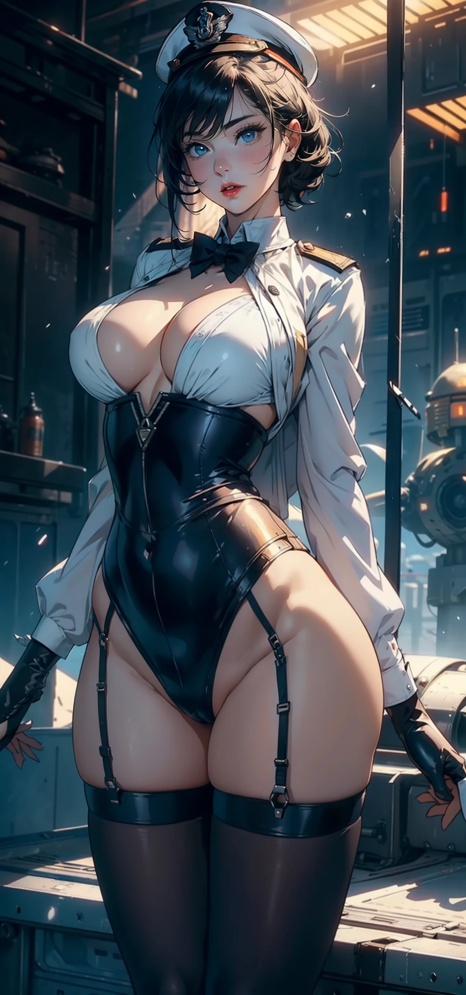 1female，35yo，plumw，extremely large bosom， 独奏，（Background with：Huge machinery，droid，aerodrome，Planes，Huge mechanical armor，） She has very short black hair，bobo head，Stand on the plane，，seen from the front， hair straight， mostly cloudy sky，（（（tmasterpiece），（Very detailed CG unity 8K wallpaper），best qualtiy，cinmatic lighting，detailed back ground，beatiful detailed eyes，Bright pupils，Blue eyes，Snow-whiteskin，Redlip（Very fine and beautiful），（Beautiful and detailed eye description），ultra - detailed，tmasterpiece，））facing at camera，A high resolution，ultra - detailed），revealing breasts，Bare genitalia，  Bulge，legs are open，Raised sexy，Camel toes，Flushed complexion，Desire for dissatisfaction，frontage，British Air Force，Aviator，Officer's cap（Wearing：tailcoat，White color blouse，a black bowtie，Black pantyhose，Bare breasts）