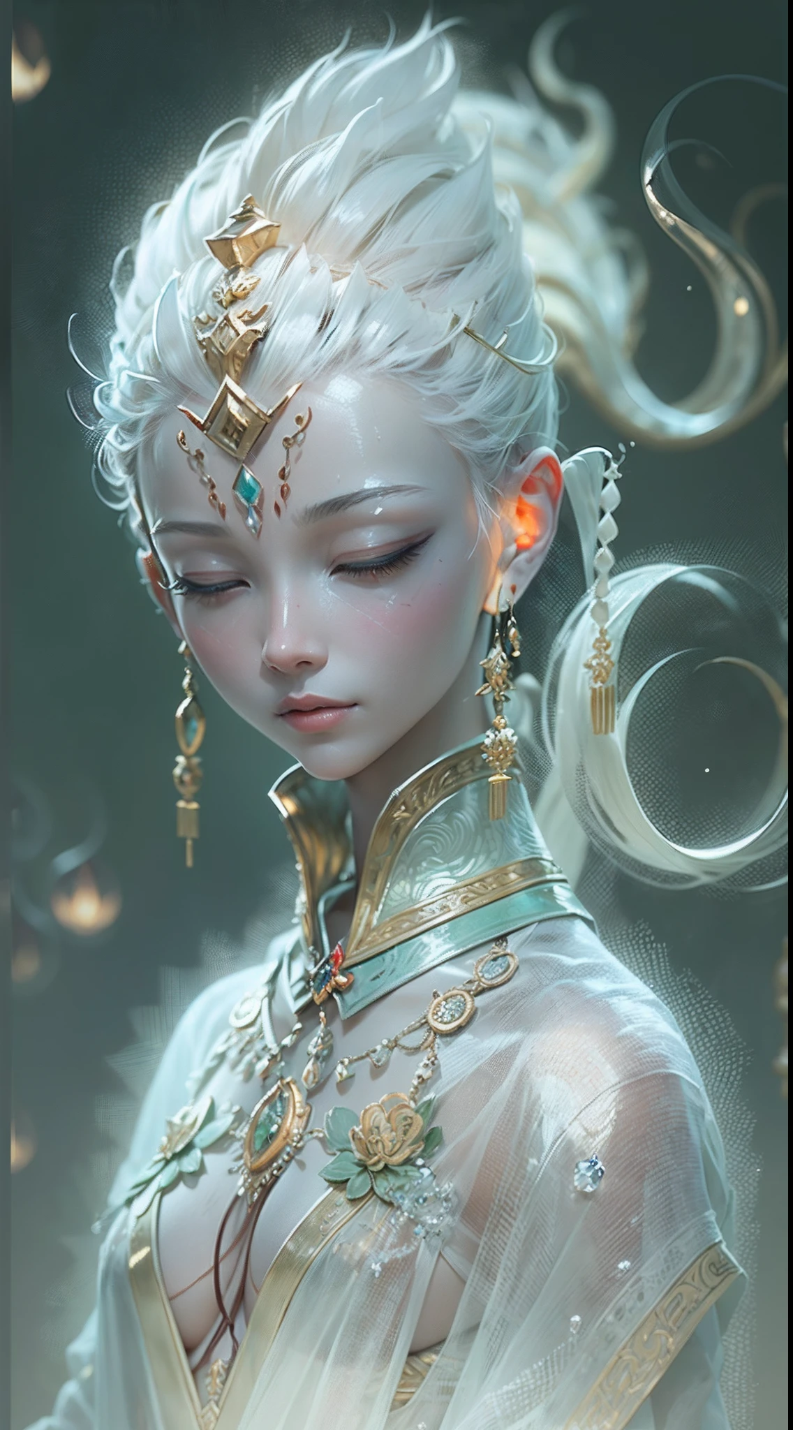 best qualtiy,Masterpiece,Photorealsitic,the detail,super detailing,rendering by octane,lightand shade contrast,Jade carving girl,eyes looking at the lens,Solo,closeup cleavage,The whole body occupies half of the picture,((((Meditating)))),Hand pinching the law,(A body made of white jade:1.5),(((Crystal clear body))),((((Transparent material)))),Extremely perfect material properties,Material reflection,Perfect facial features,Elaborately carved face,Behind it is a huge phantom
