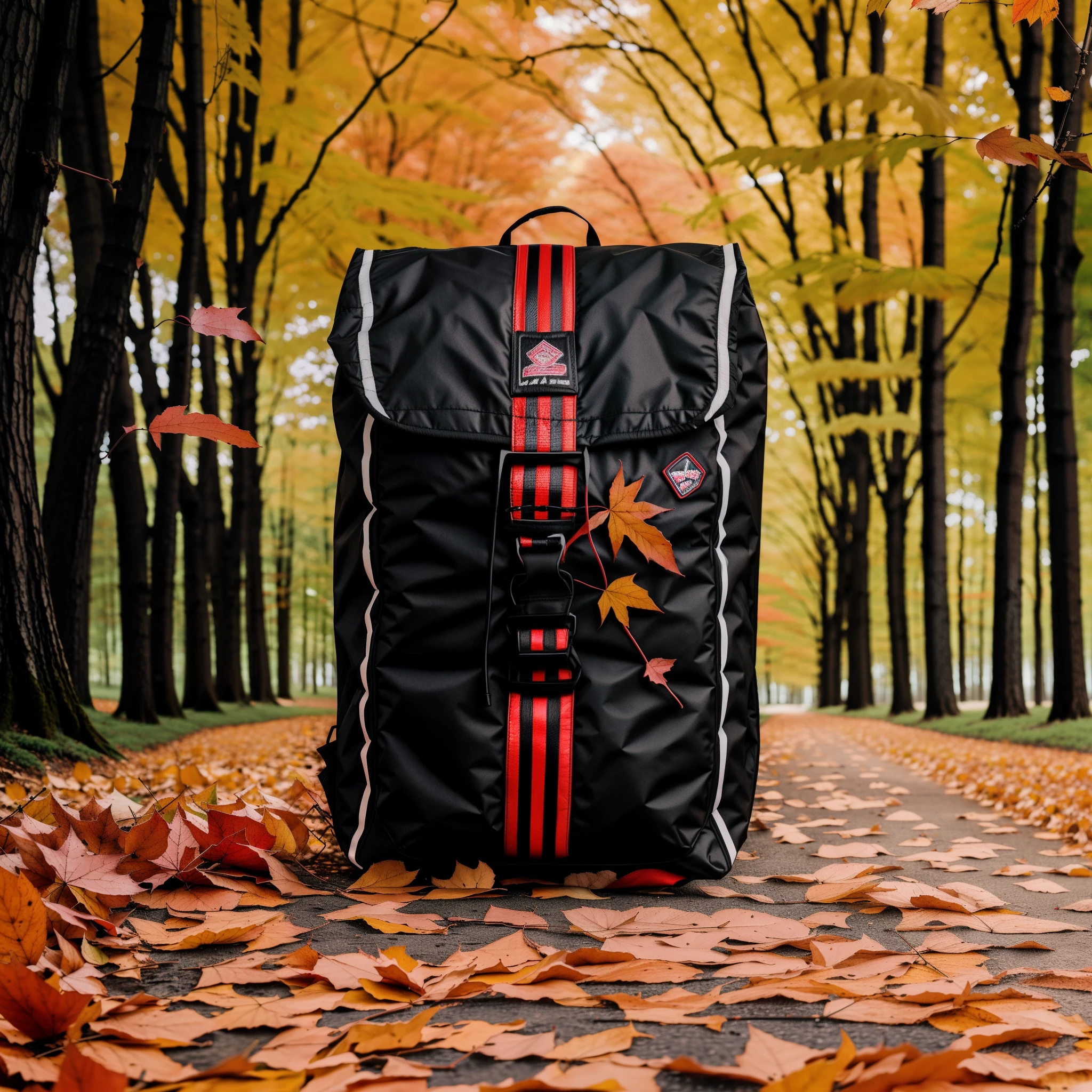 there is a black backpack with a red stripe on it, medium, bags on ground, 🤬 🤮 💕 🎀, packshot, in fall, by Emma Andijewska, autumn, front portrait, in the autumn, autumn, full shot, stunningly detailed, bag, easy, a backpack, sport, with highly detailed, coloured leaves, sunny day, multiple colours of leaves