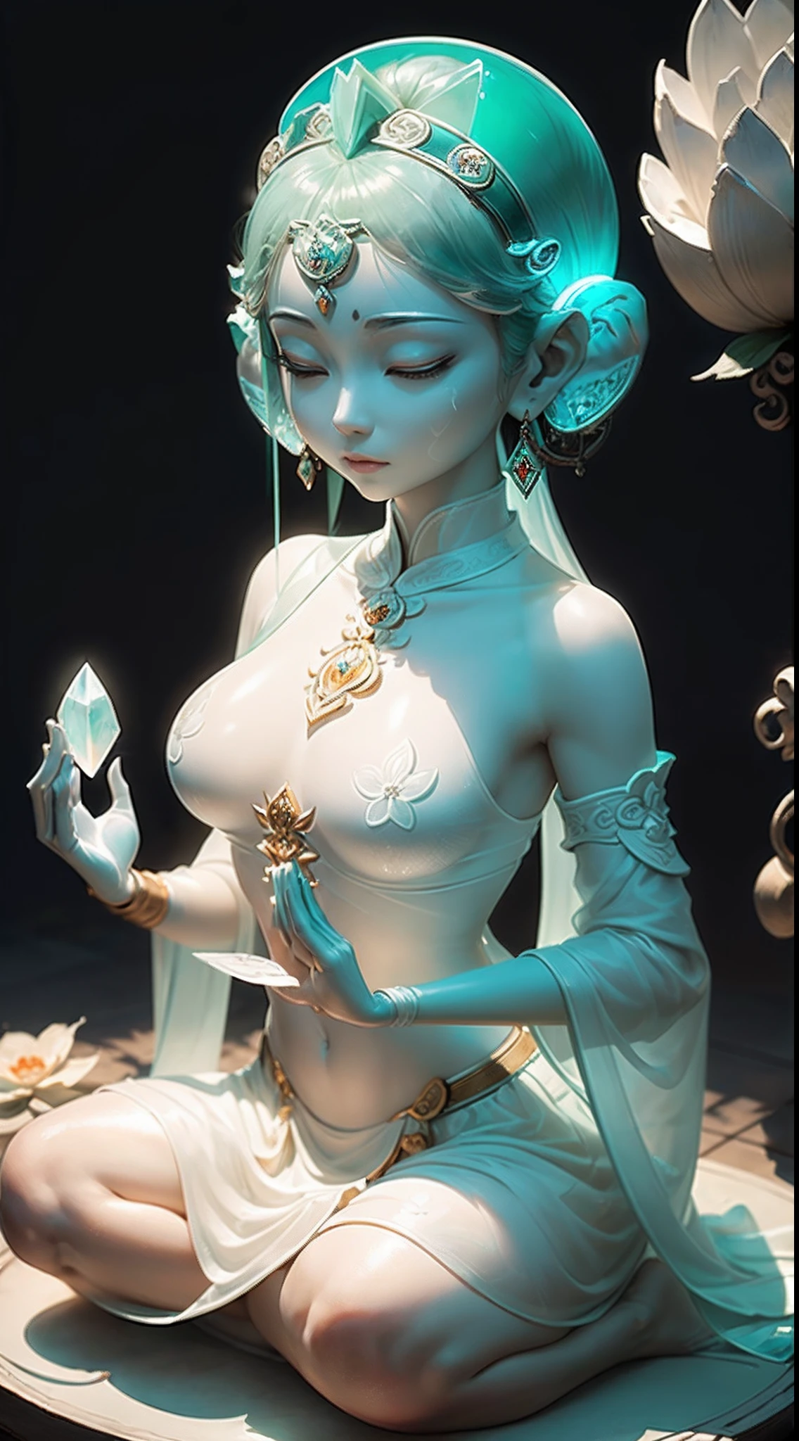 best qualtiy,Masterpiece,Photorealsitic,the detail,super detailing,rendering by octane,lightand shade contrast,Jade carving girl,eyes looking at the lens,Solo,closeup cleavage,The whole body occupies half of the picture,((((Meditating)))),Hand pinching the law,(A body made of white jade:1.5),(((Crystal clear body))),((((Transparent material)))),Extremely perfect material properties,Material reflection,Perfect facial features,Elaborately carved face,Behind it is a huge phantom