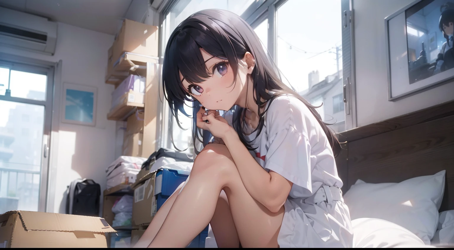 a pregirl,Cross-legged,Sitting in a bit of a messy room,Wearing very wide white clothes,There was a cardboard box in front of the girl,The girl's expression is boring,The perspective of the inspection is from the top down,plethora of colors,tmasterpiece,Overlooking,Estilo de Makoto Shinkai。