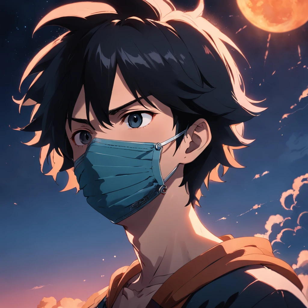 masterpiece, best quality, movie still, 1 teenager male, mature, (((black mask))), side face, black hair, cloud, floating in the sky, close-up, bright, warm soft lighting, sunset, (sparks:0.7)