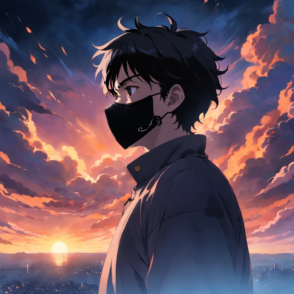 masterpiece, best quality, movie still, 1 ager male, mature, (((black mask))), side face, black hair, cloud, floating in the sky, close-up, bright, warm soft lighting, sunset, (sparks:0.7)