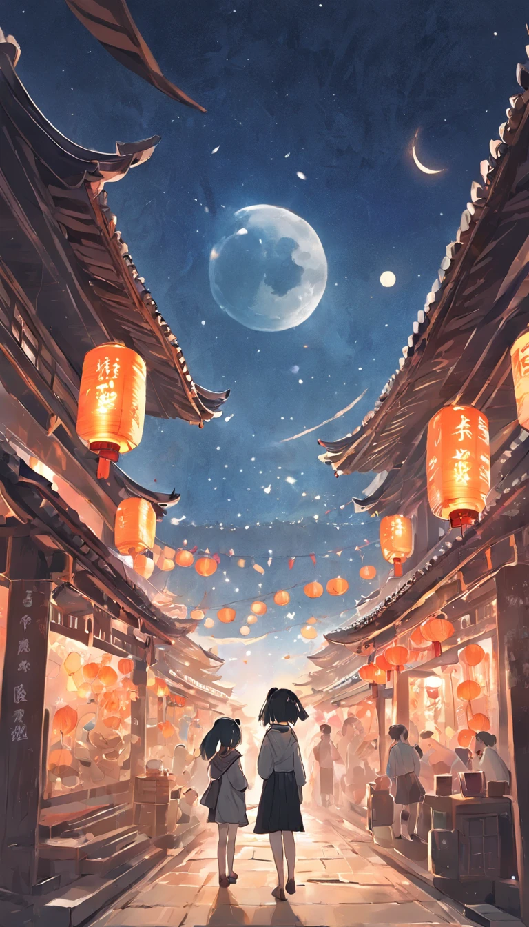 Mid-Autumn Night，A brilliant full moon shrouds the starry night sky，The spacious square is illuminated。In the middle of the square，Two charming giant pandas standing under the moon，Their black and white colors are particularly vivid in the moonlight。The two pandas appear to be the guardians of the Mid-Autumn Festival celebrations，They are bathed in soft light，Extra cute，Eye-catching。
Traditional bamboo lanterns and art installations dot the square，Create a mysterious and beautiful atmosphere for this celebration。The mooncake stalls are filled with mooncakes of all flavors，The aroma is fragrant，The panda became the star of the square，It attracts many tourists to visit and take photos。
As night fell，The lights gradually come on，It adds a lot of color to the whole scene。on the sky，Fireworks are in full bloom，Together with pandas and the moon, It forms a spectacular picture of the celebration of the Mid-Autumn Festival。The scene is filled with a unique atmosphere of art and celebration，It will definitely impress。