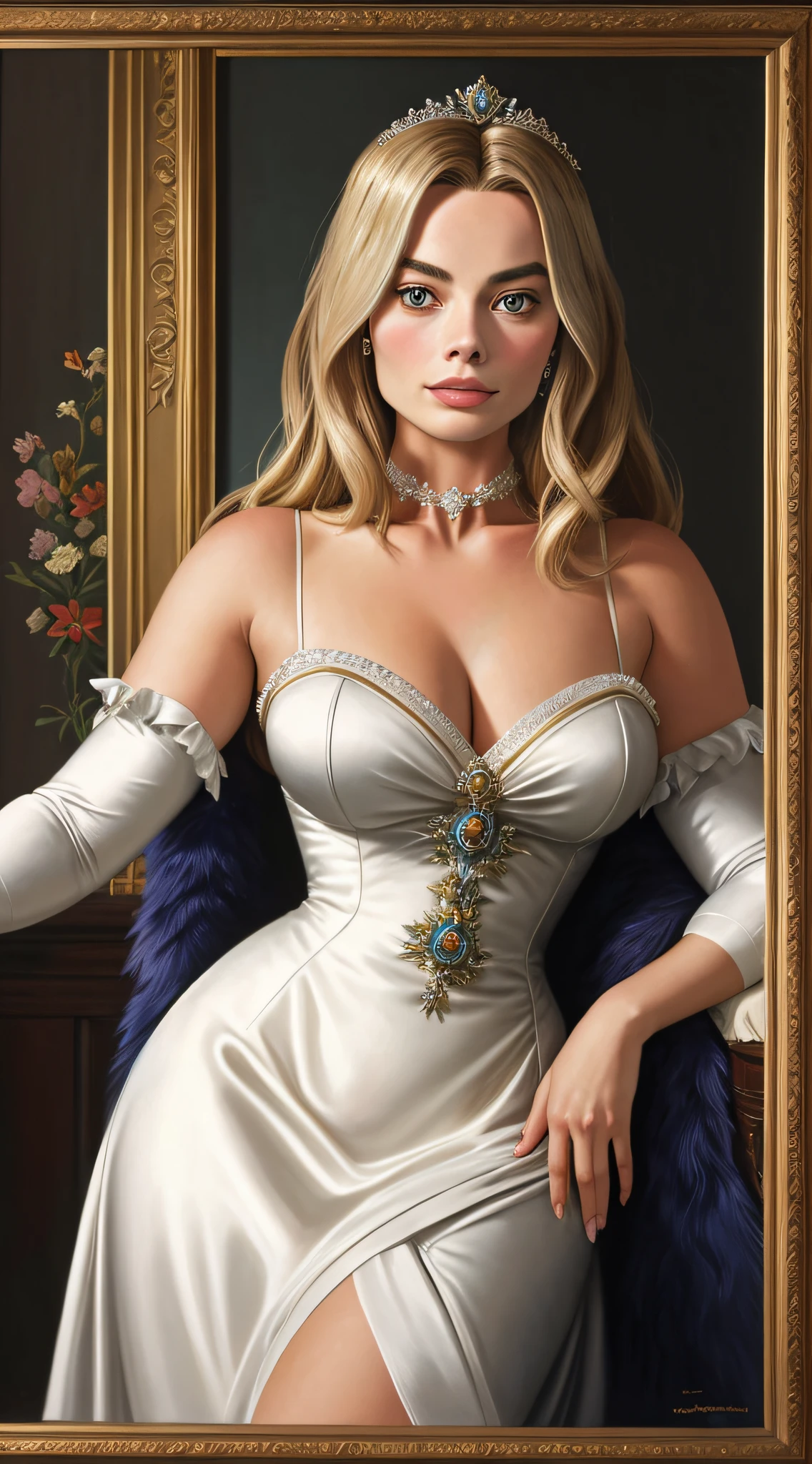 an magnificient half body Portrait of beaytiful anne carr((margot robbie)) Countess of Bedford,looking at camera,front view,centered,Vittore Carpaccio