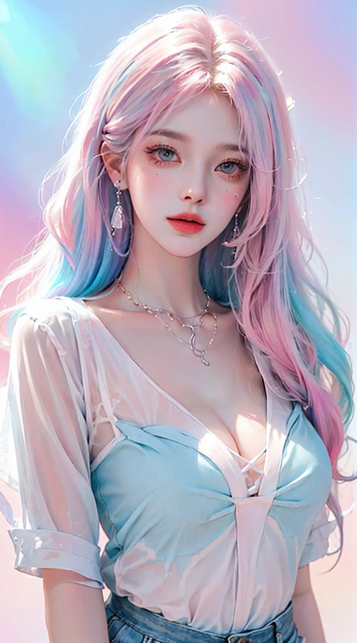 （tmasterpiece、best qualtiy、A high resolution），（coloured background，（splash of color）），Sweet girl，light blue long hair，[light blues|Pink big breasts]the hair，curlies，glitters，Pink lips，(splash of color，(White color blouse)，frontage，full bodyesbian:0.6,voluminetric lighting，