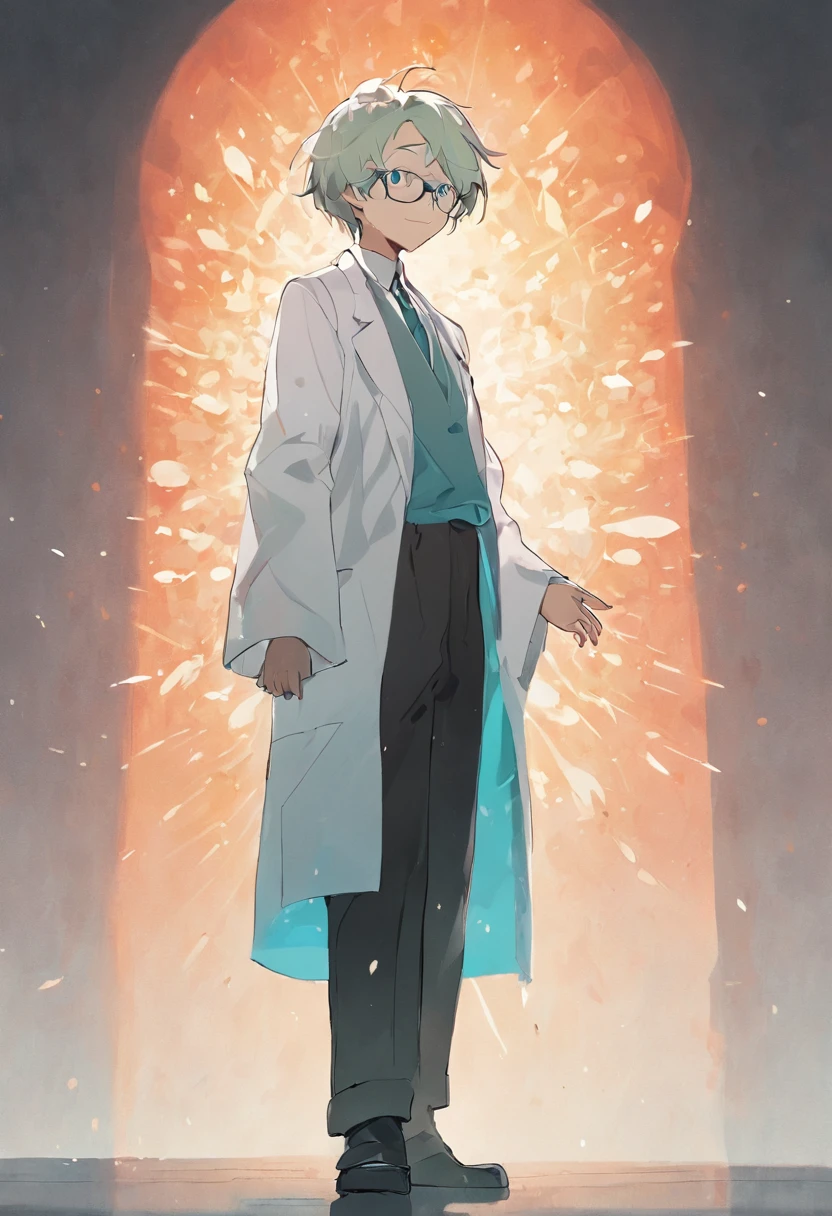 anthropomorphic turtle, white lab coat, eyeglasses,white background,simplebackground,solid color backdrop,Full body frontal photo,standing on your feet,full bodyesbian, Solo,frontage,facing to audience, ssmile,Background bokeh,lightand shade contrast,tmasterpiece,flat illustration,minimal style,non human, cute animal