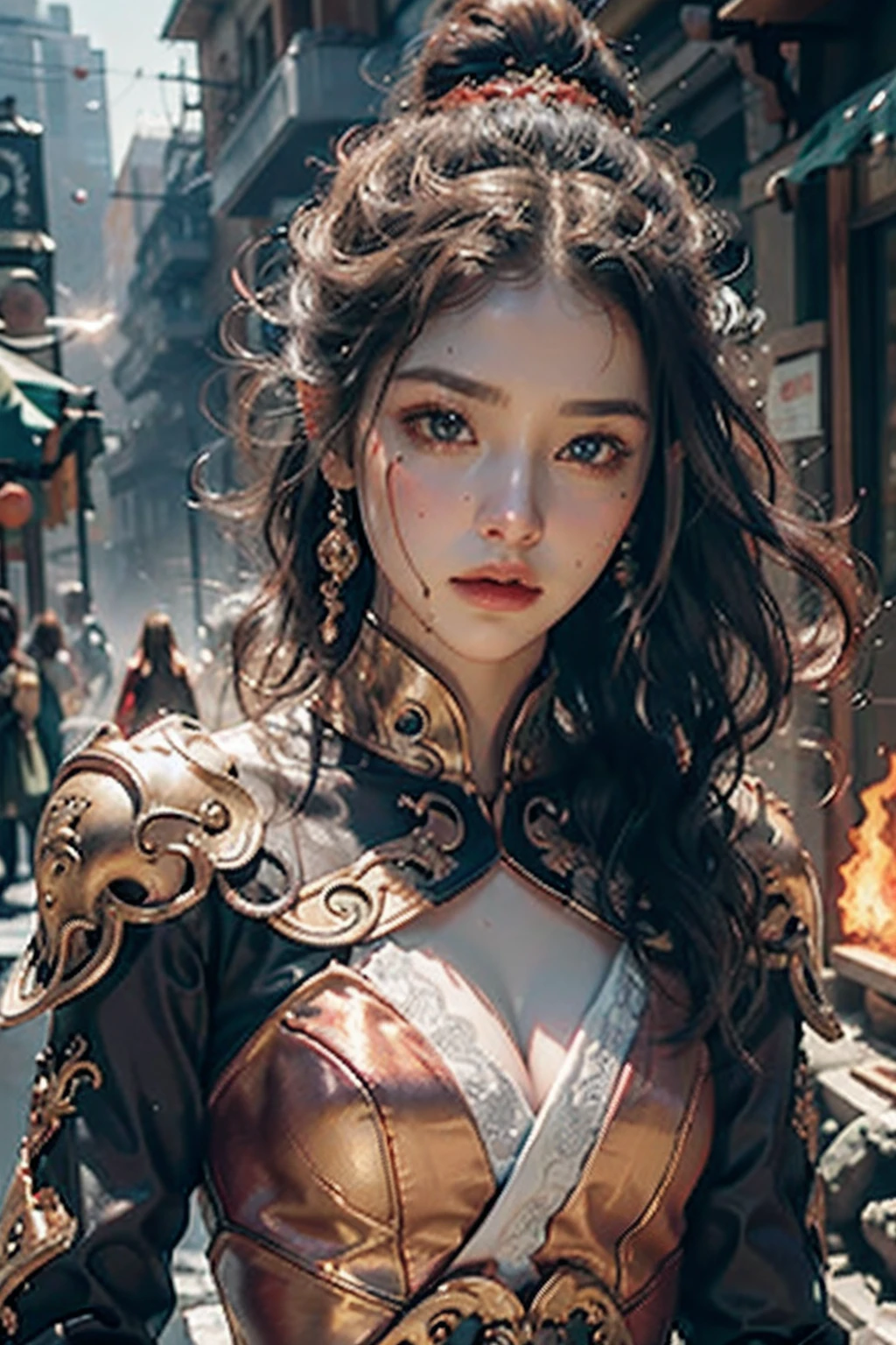 {{master piece}}, pinnacle rendering, realistic rendering, dark red rendering, metal rendering, {{color ink painting}}}, {{splash ink}}}, {{color}}, {{color}}, gorgeous rendering, best quality, illustration, flame, smoke, doomsday world, splash ink fire sea doomsday, full body, 1 girl, exquisite facial details, delicate facial features, real face, beautiful details eyes, deep pupils, broken city details, beautiful details long hair, Wave of hair, broken details of streets, transparent mechanical core, cyborg girl, details, cool, tight grooming, lace retouching, linear light costume retouching, light rendering, reflection, highlight, holy light, confidence, charm, battle stance detail close-up, fire day, {filigree}, colored background, a dragon stands behind the girl, sea of fire, {tornado special effects}, beautiful details purple dragon armor, (cold face, confident) great depth, depth of field, 360° panoramic picture, fierce and magnificent battle scenes, broken mirrors, fingers all hidden and not displayed, small mouth closed