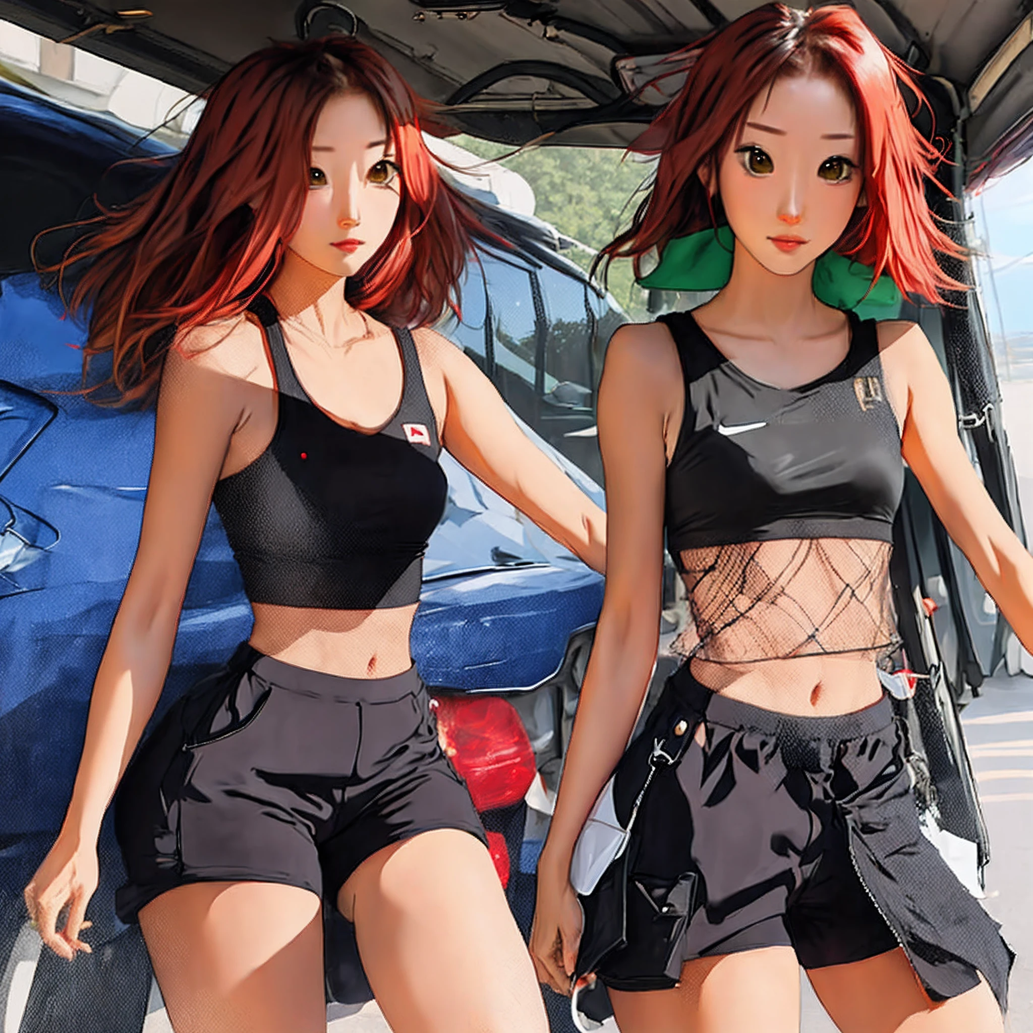 masterpiece, best quality, realistic, 1girl, lips, long eyelashes, looking at viewer, outline, cowboy shot, red hair, green eyes, high ponytail, pointy ears, forest, curly hair, harness, blush, red eyes,