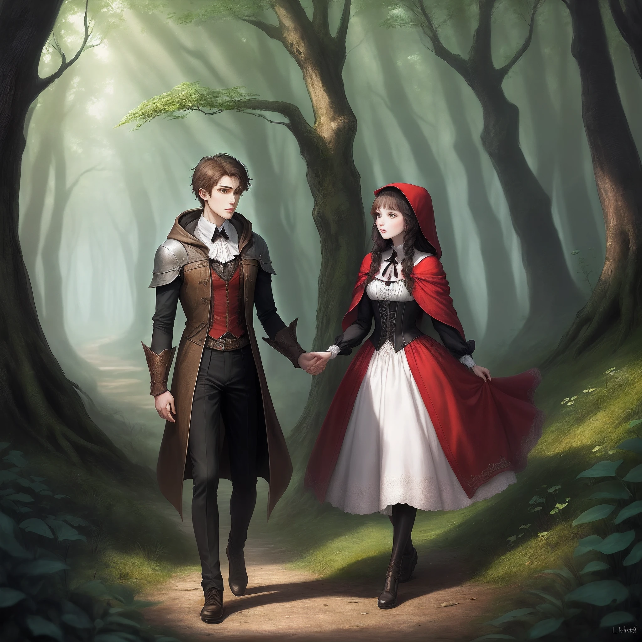 a young man and a woman,quadratic element,Black fairy tale,ln the forest,littleredridinghood
