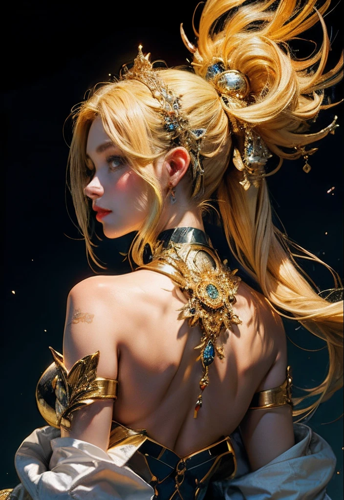 （tmasterpiece，best qualtiy，Extremely detailed，offcial art、Beauty and aesthetics：1.2），Extremely refined，Charming female image，Back image，Yellow in one，Unique fractal art and colors，rich colourful，ultra-detailliert。