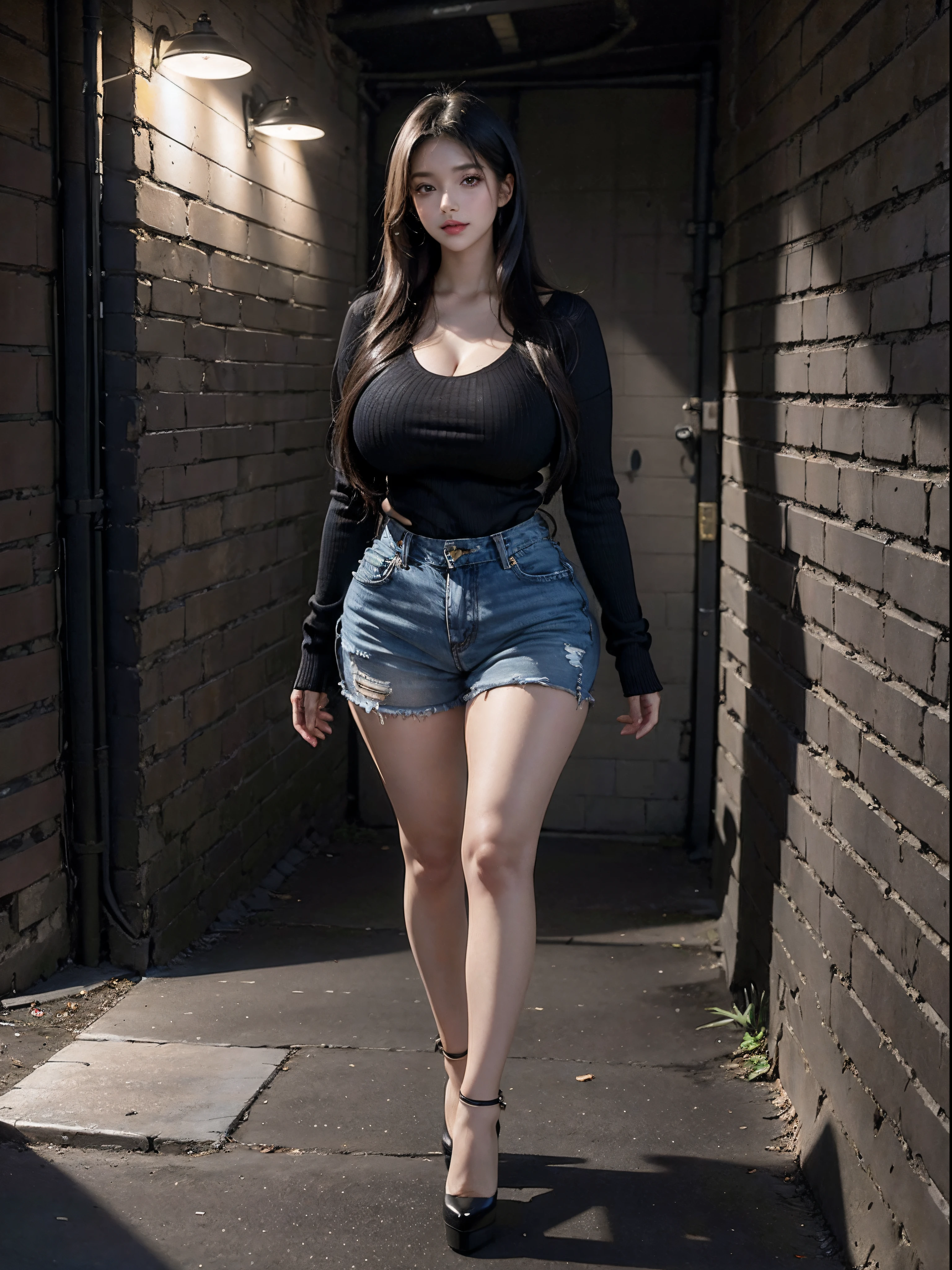 1girl, milf, long twintail dark hair, brown eyes, huge natural breasts, thick, wide hips, thick thighs, curvy milfy body, wearing low-cut v-neck handknit sweater, denim hot very short pants, stylish high-heels, shady dark alley at night, natural night light (artificial lightings), absurdres, high res, ultrasharp, 8K, masterpiece, expressive eyes, perfect face, looking at viewer