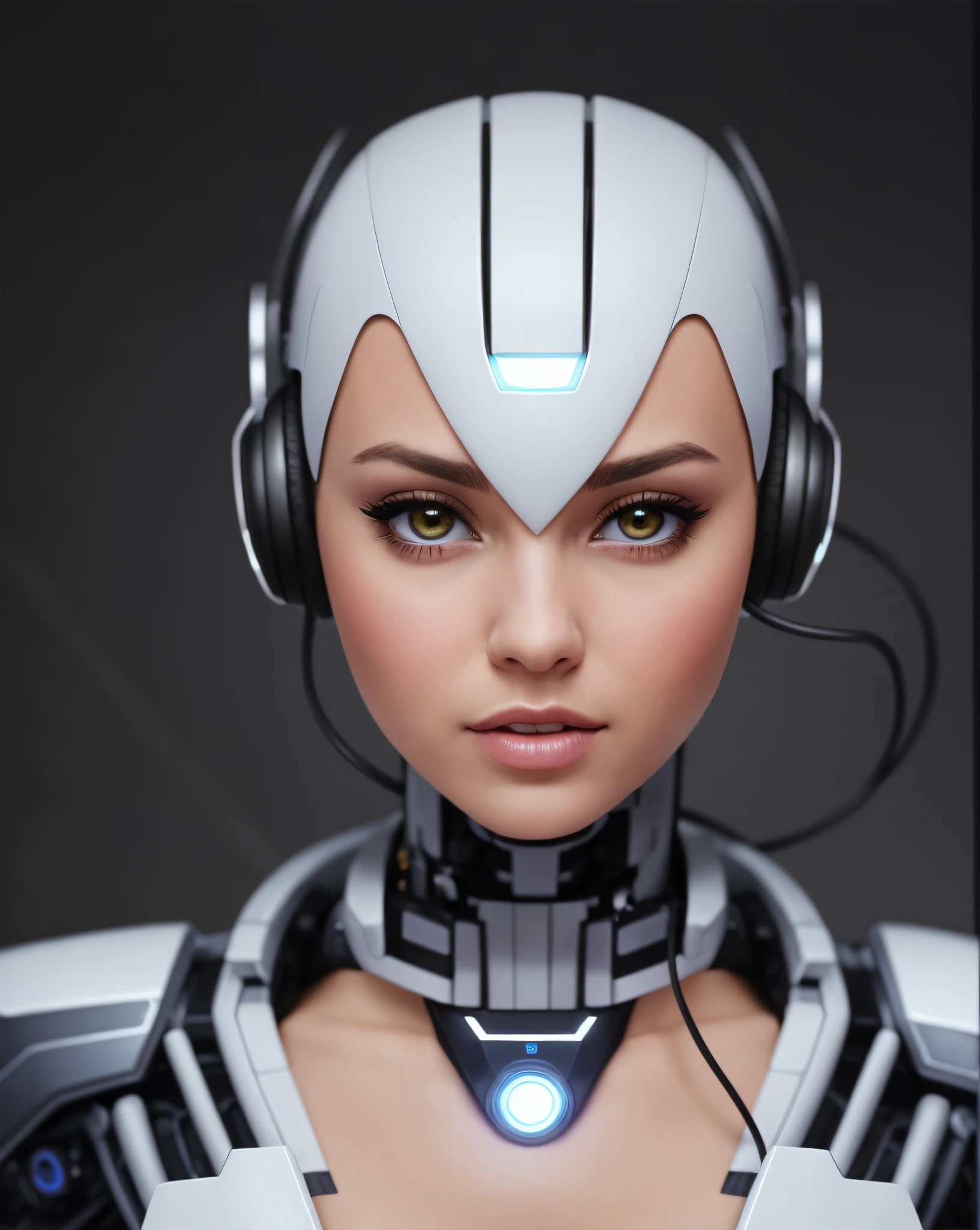 there is a robot with headphones on and glowing eyes, perfect android girl, beautiful female android, beautiful female android!, beautiful android woman, cute cyborg girl, portrait of a female android, beutiful white girl cyborg, sci-fi android female, portrait of female android, portrait of female humanoid, retrofuturistic female android, female android, beutiful girl cyborg, Electronic Systems On-Head Humanoids |Cyborg Woman| With a detailed brain that you can see| With a delicate heart that can be seen| Muscle Detail Wire | Flesh-colored skin| Biopunk| Cybernetics | Cyberpunk | Canon M50| 100mm| Sharp Focus | Gently| Hyperrealism | Very detailed| Intricate Details | Vascular Expression | Full Body Shot|, Top Quality, Masterpiece, Ultra High Resolution.