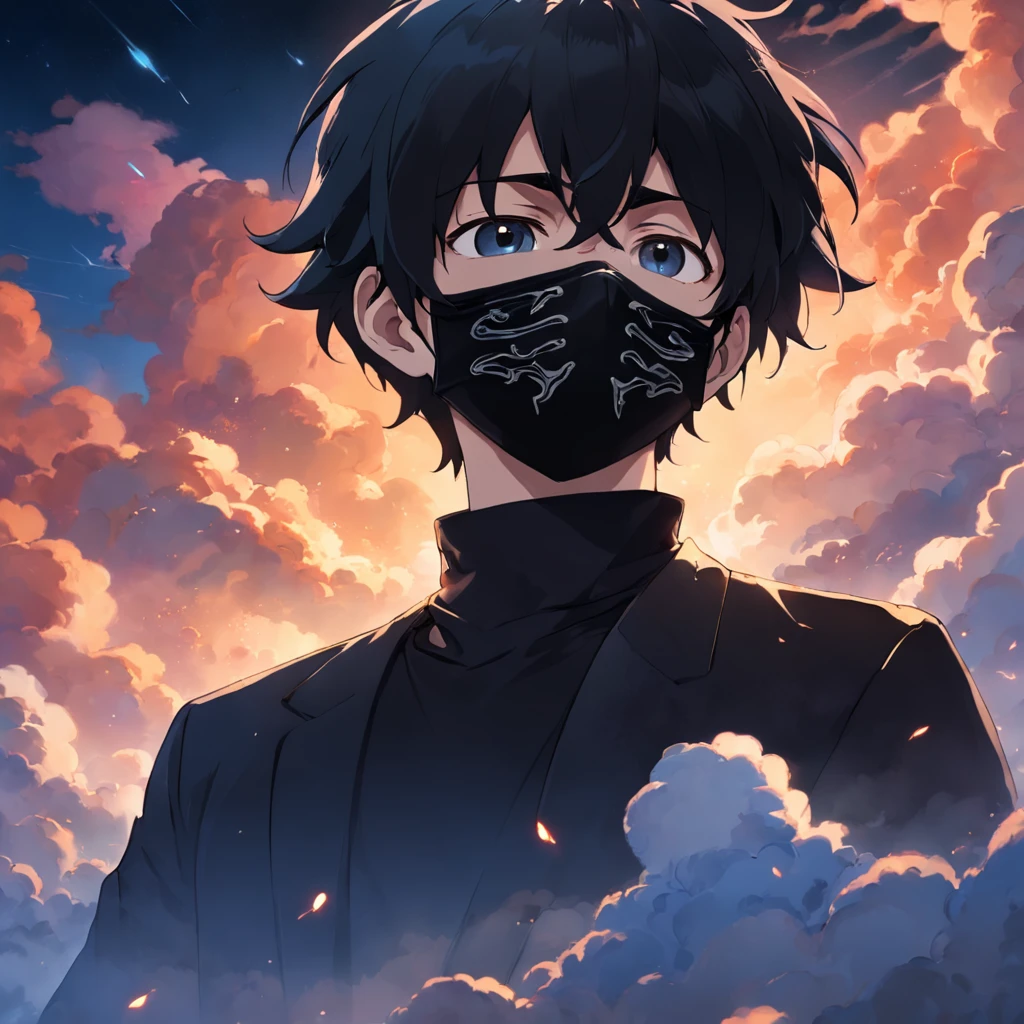 masterpiece, best quality, movie still, 1 teenager male, mature, (((black mask))), side face, black hair, cloud, floating in the sky, close-up, bright, warm soft lighting, sunset, (sparks:0.7)