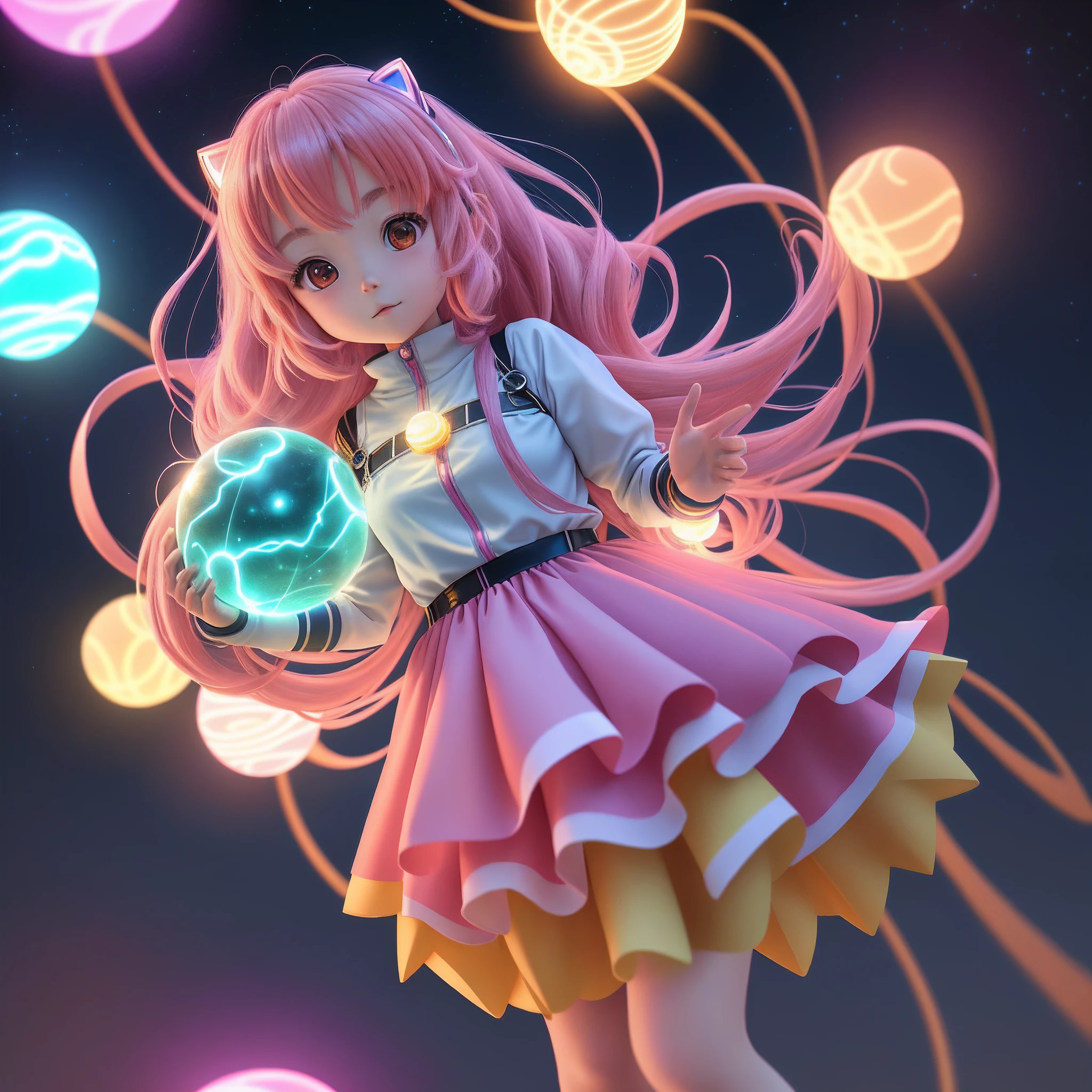 anime girl with a bunch of glowing balls in her hands, anime girl with cosmic hair,  girl with magical powers, connected with glowing tubes 8 k, anime girl of the future, render of a cute 3d anime girl, anime styled 3d, anime styled digital art, advanced anime digital art, magical particles, digital anime art, 3d anime girl