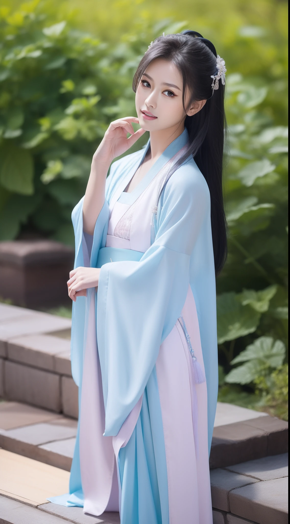 Masterpiece, Best Quality, Official Art, 8k Wallpaper, Very Detailed, Illustration, 1 Girl, Sky Blue Hair, Long Hair, Detailed Eyes, Forrest Gump, Bare Shoulders, Hanfu, Lake, Pure, Soft Smile, bamboo, tea