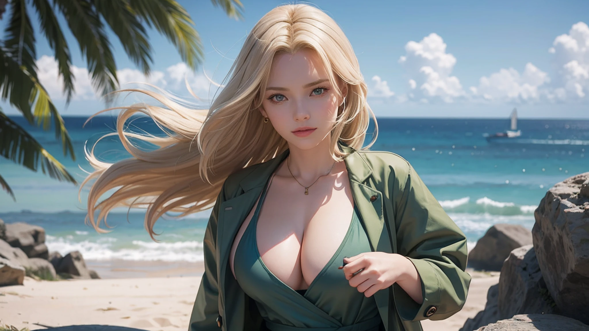 tmasterpiece,blond hairbl,1girl,solo,Green coat,Golden eyes,ssmile,slightly fat big breasts,Be red in the face,Headwinds and sagging,best qualtiy,The is very detailed,Bust photo,Get close to the lens,Top-down view,with a good figure,sfw,Frontal photo,Top-down view,sea,beach