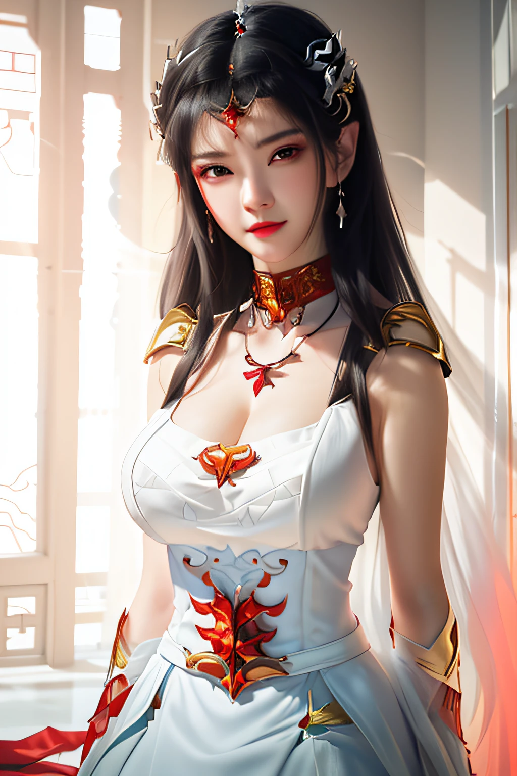 1 young empress wearing red lace top, deep-breasted nightgown, Chinese-style clothes, ancient costumes with many phoenix patterns, flawless white and pink face, crown on her head, black hair hip length, very beautiful and sharp brown eyes, small red lips, painted lips, charming smile, jewelry worn around the neck, earrings, white and even teeth, high nose, big round breasts, elongated legs, thin mesh black socks, portrait, most realistic, highest quality, best pixels, 8k ultra,