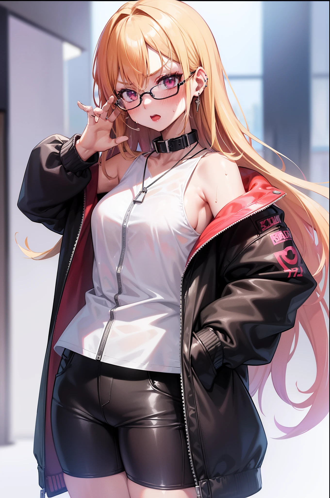 female gamer, ((wet thin white shirt, opened zip fashion wind breaker, hot pants, glasses, earring, necklace, blet, face mask, earphone, cute collar)), (idol charming aura, blur effect, bubble effect, black glowing pupil, arcade style make up, petite, blushing face, angry face, blonde color hair), (masterpieces, extreme body detail, high resolution, original character, best anime 16k wallpaper quality), club bar background, full body shot