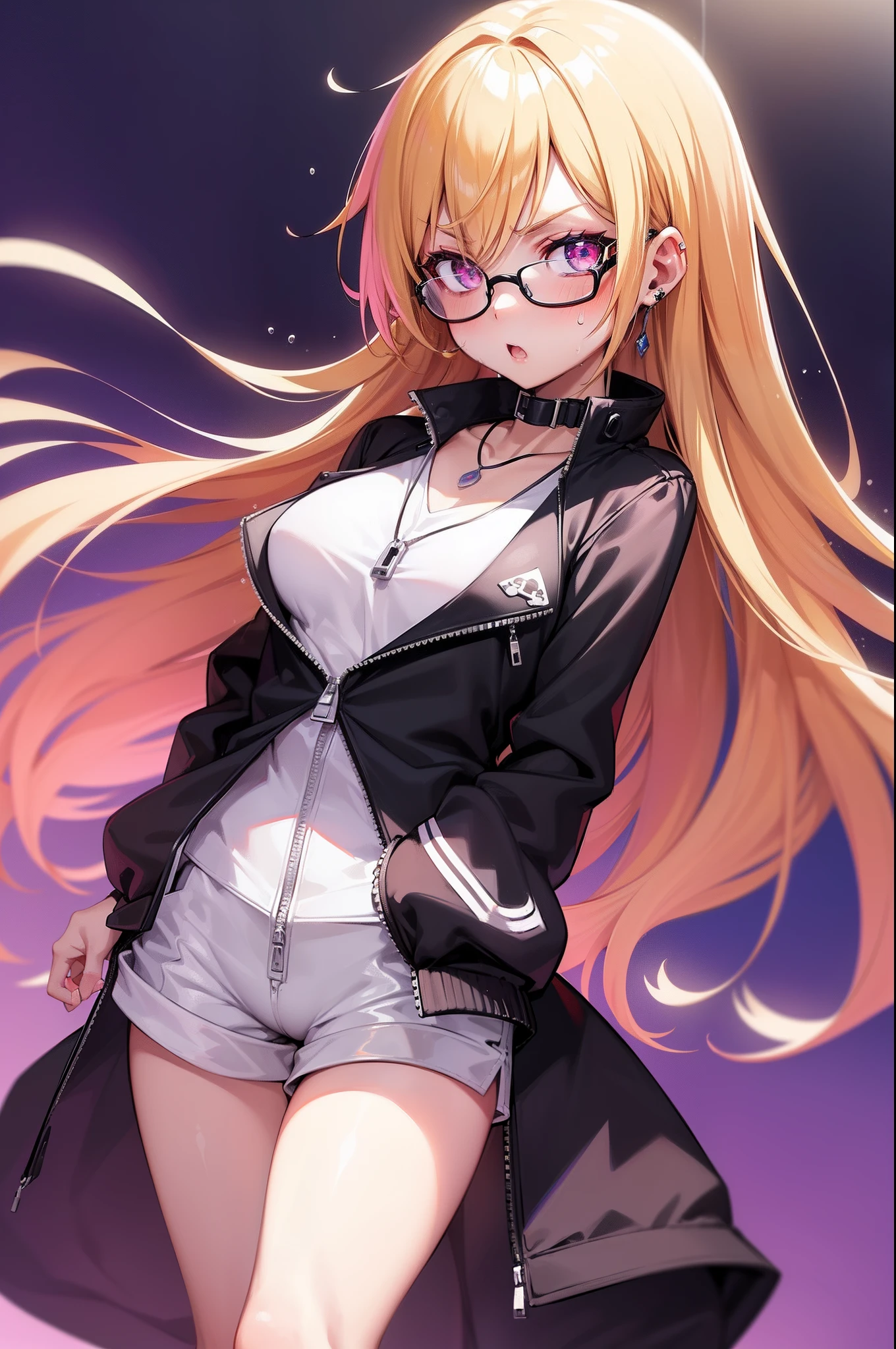 female gamer, ((wet thin white shirt, opened zip fashion wind breaker, hot pants, glasses, earring, necklace, blet, face mask, earphone, cute collar)), (idol charming aura, blur effect, bubble effect, black glowing pupil, arcade style make up, petite, blushing face, angry face, blonde color hair), (masterpieces, extreme body detail, high resolution, original character, best anime 16k wallpaper quality), club bar background, full body shot