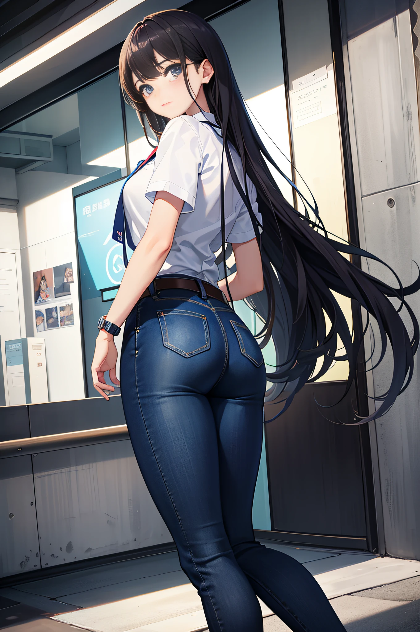 The girl looks back at you，Wear jeans and professional attire。