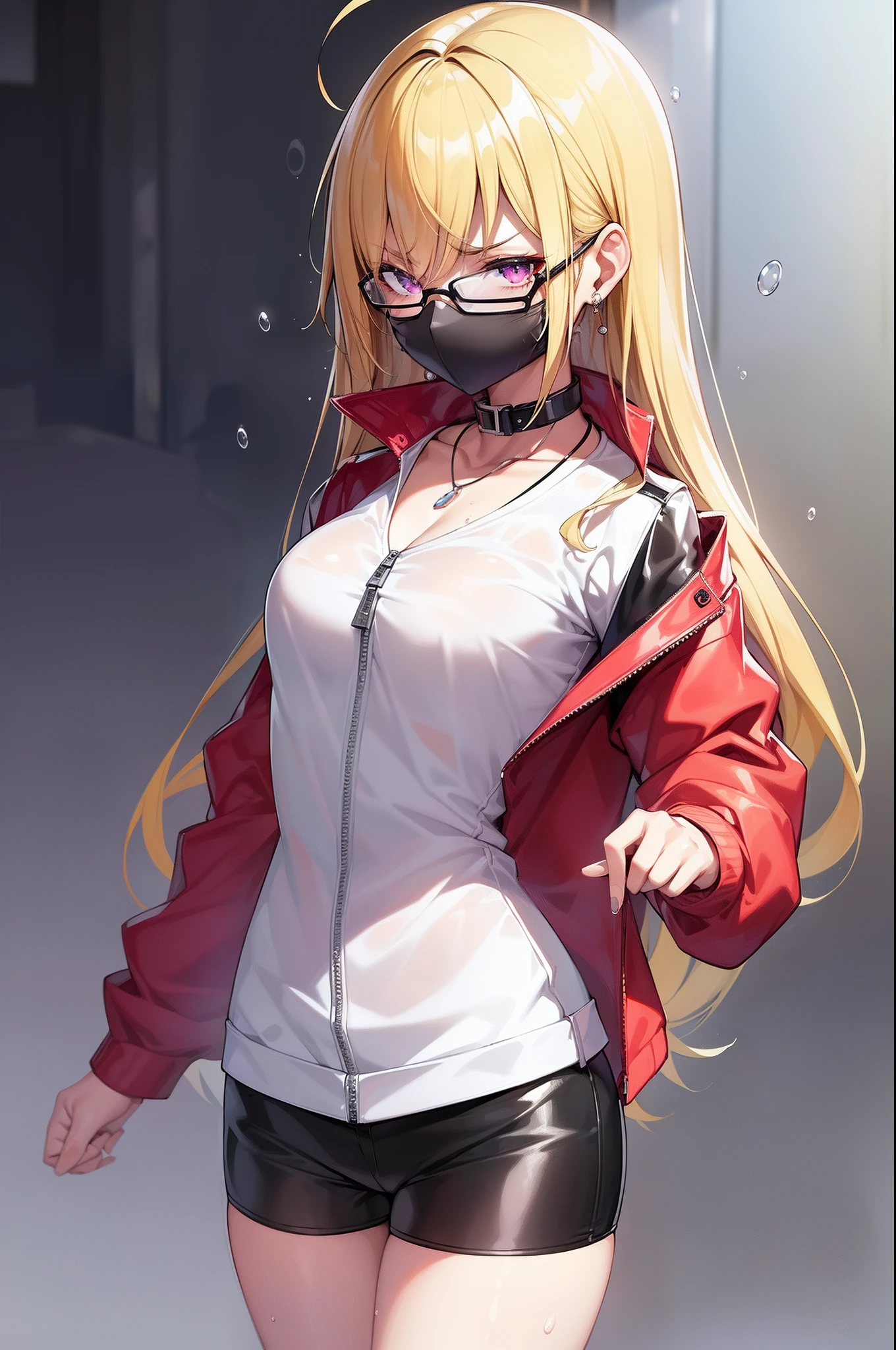 female gamer, ((wet thin white shirt, opened zip fashion wind breaker, hot pants, glasses, earring, necklace, blet, face mask, earphone, cute collar)), (idol charming aura, blur effect, bubble effect, black glowing pupil, arcade style make up, petite, blushing face, angry face, blonde color hair), (masterpieces, extreme body detail, high resolution, original character, best anime 16k wallpaper quality), club bar background, full body shot, no underwear