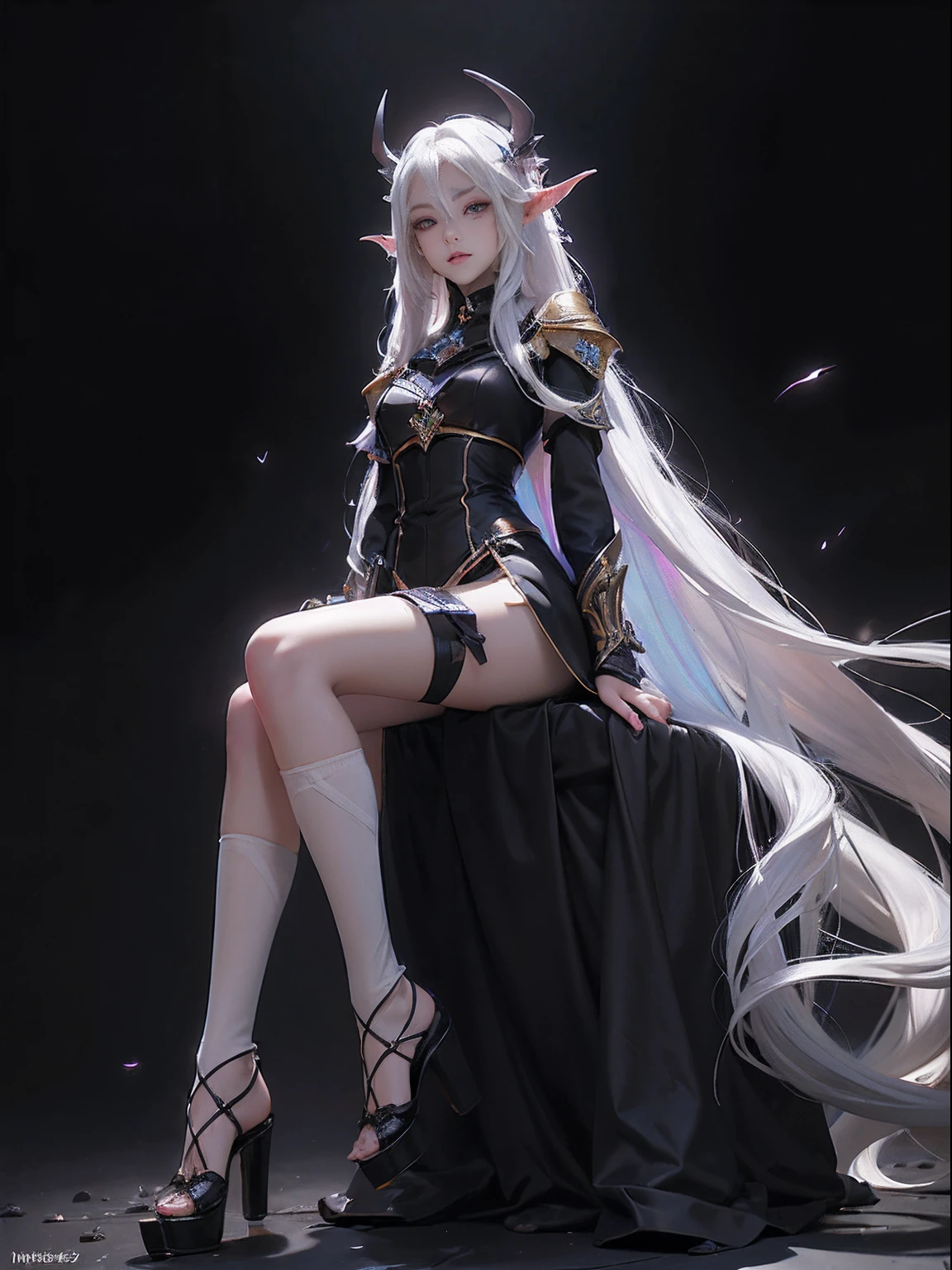 best qualityer,tmasterpiece,Ultimate resolution,downy,Extremely colorful,Colorful,Night,dark night background,Long flowing white hair,(Dark Elves),a matural female,Black pedal socks,(heeled sandals),Extremely normal posture,Normal posture