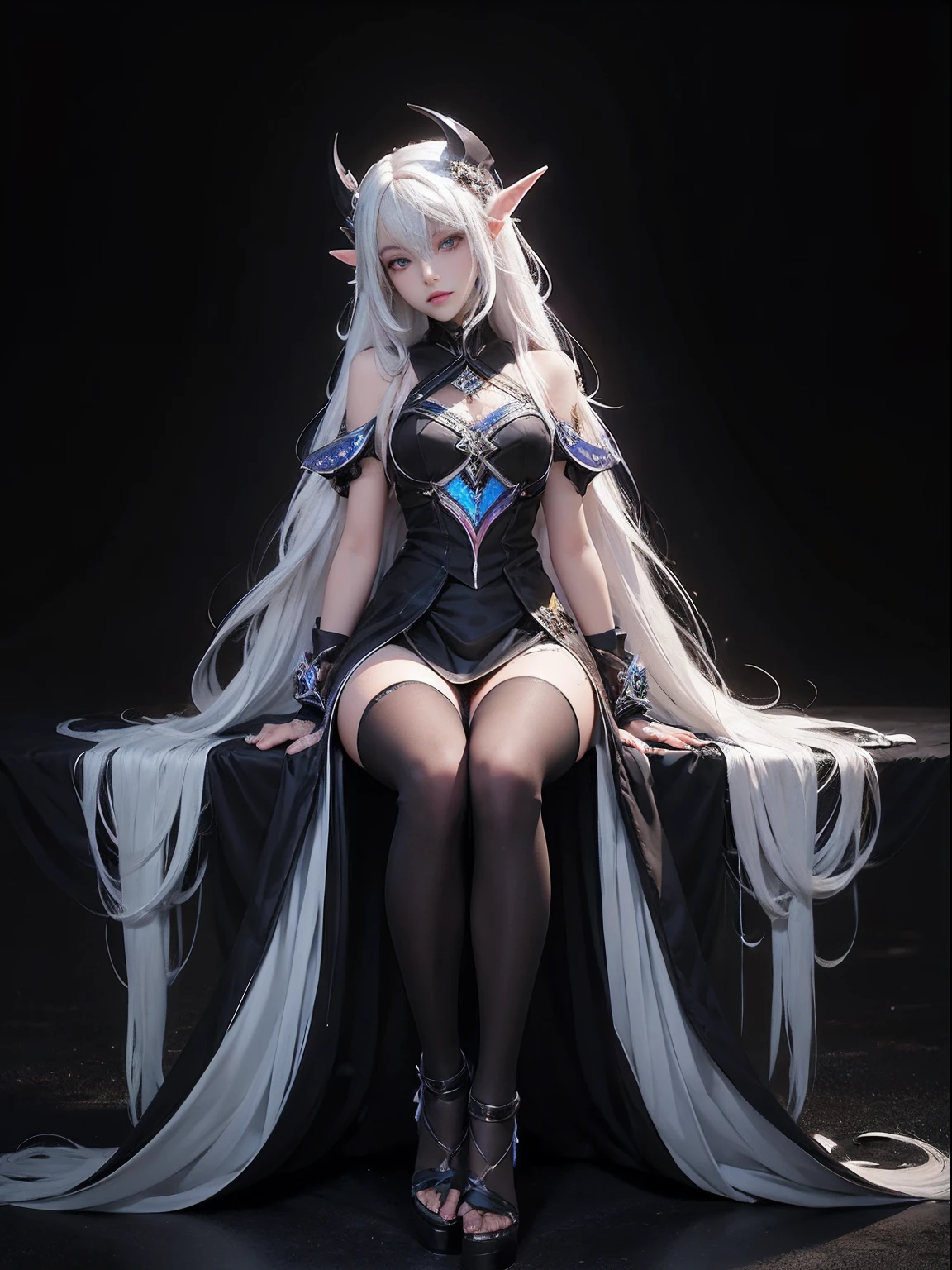best qualityer,tmasterpiece,Ultimate resolution,downy,Extremely colorful,Colorful,Night,dark night background,Long flowing white hair,(Dark Elves),a matural female,Black pedal socks,(heeled sandals),Extremely normal posture,Normal posture
