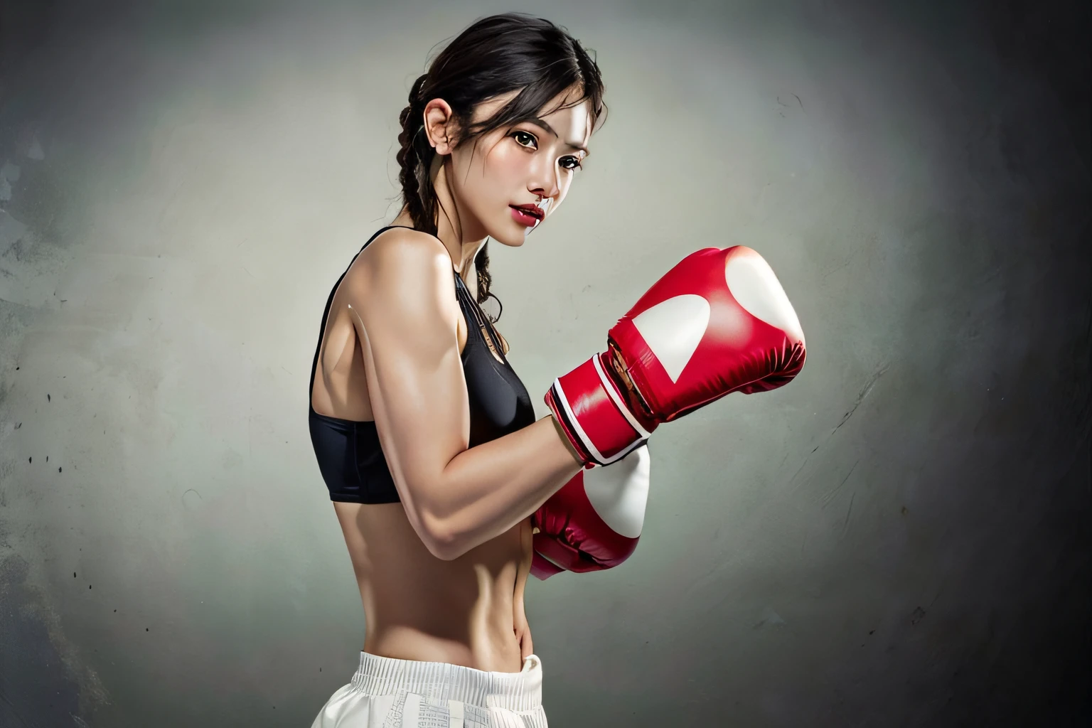 (8K、Raw photography、top-quality、​masterpiece:1.2)、(Photorealsitic:1.37)、((The whole picture,longshot))、realistic eyes and face details、Narrow-eyed、Asian Eyes、realistic skin textures、(hyper realistic:1.3), natural skin textures、((Fair skin))、Realistic background、Realistic lighting、Hallyu idol、Supermodel body type、profetional lighting、(skinny thigh、Sweaty body)、arafed woman in a black top and yellow shorts with a red boxing glove, (boxing stance)