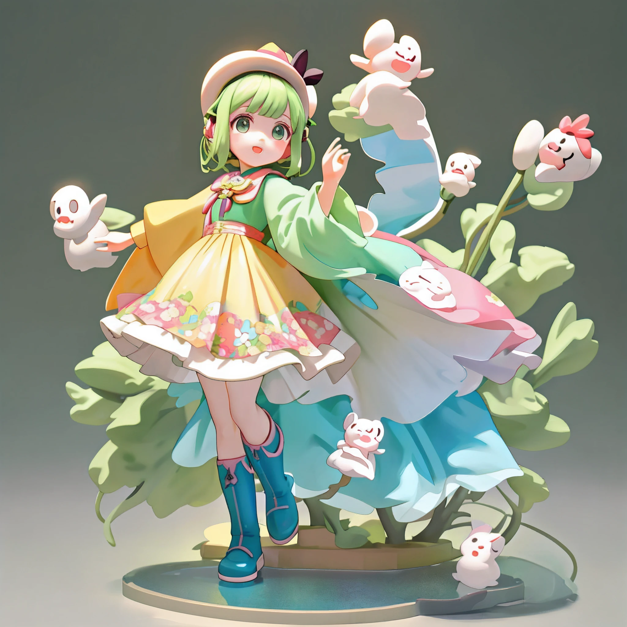 a Super cute girl ,Wearing a floral dress,Wearing boots,Wearing a hat and earphones，big watery eyes,full body,looking at viewer,open hands，MD clothing, clothing wrinkles，clean background,dreamy,excited,super cute girl IP by pop mart ,high detail ,hyper quality,Bright color,mockup blind box toy,disney style ,fine luster,3D render,oc render,best quality ,bright,front lighting,Face Shot,fine luster,ultra detoiled ，8k,