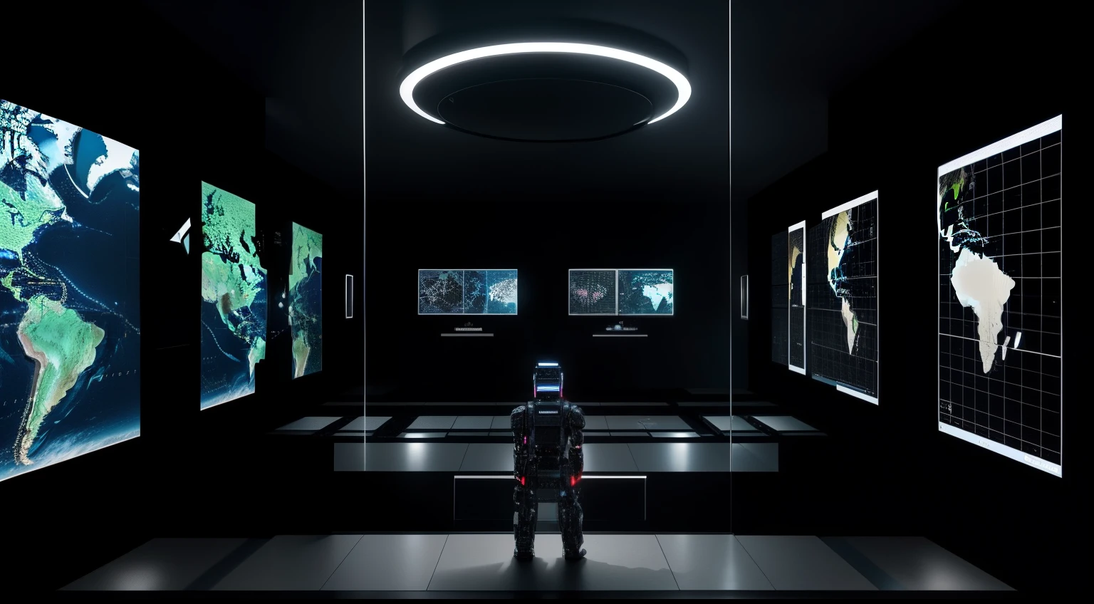 A dark robotic figure surrounded by screens showing locations of the world, realista, hiper realista, detalles intrincados,
