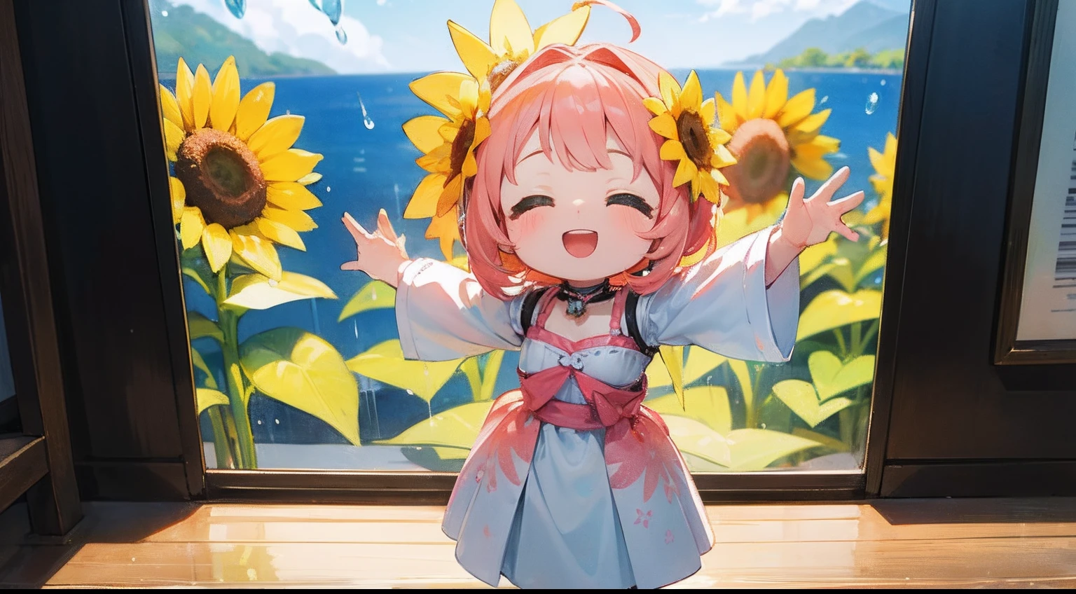 photoRealstic、Top Text Says "Code Angel"、Doll standing in front of the painting、swim wears、laugh face、Water droplets on the cheeks、Selfie Pose、spreading arms widely、、Sengai、pixiv、rokoko、dollfie dream、watercolor Nendoroid、(High Definition Figure)、flowing sakura-colored silk、nendroid、up of face、There are also flowers in front of the nendroids、Sunflower petals、season!!: 夏☀ 🍂 ヒマワリ