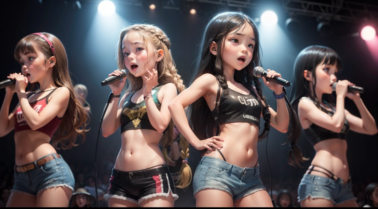 5 girls , with long braided hair, cropped tops, shorts, singing into a microphone