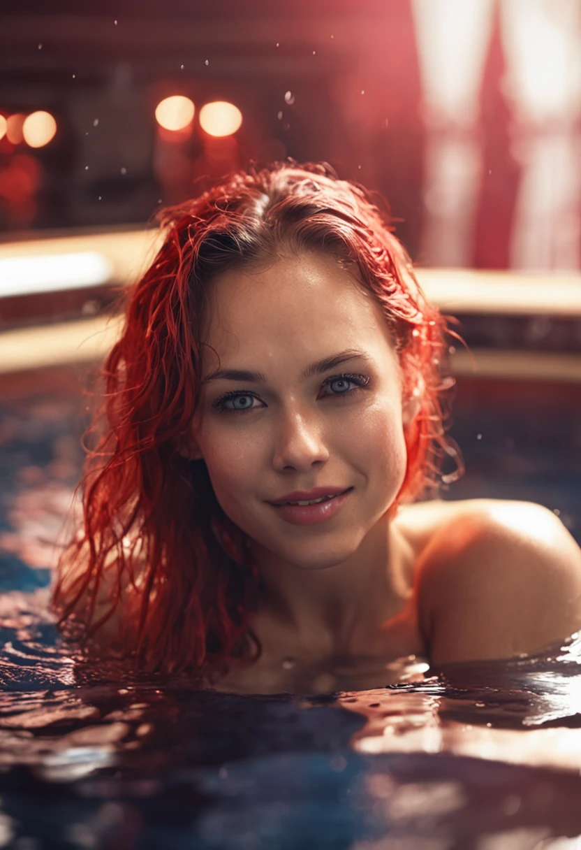 A stunning 25-year-old woman with medium, bright orange hair tied in a messy bun is 1.67 metros de altura. Her proportionate body is a work of art and her orange hair adds to her seductive charm., your penetrating gaze is captivating. She is in the pool with part of her body in the water