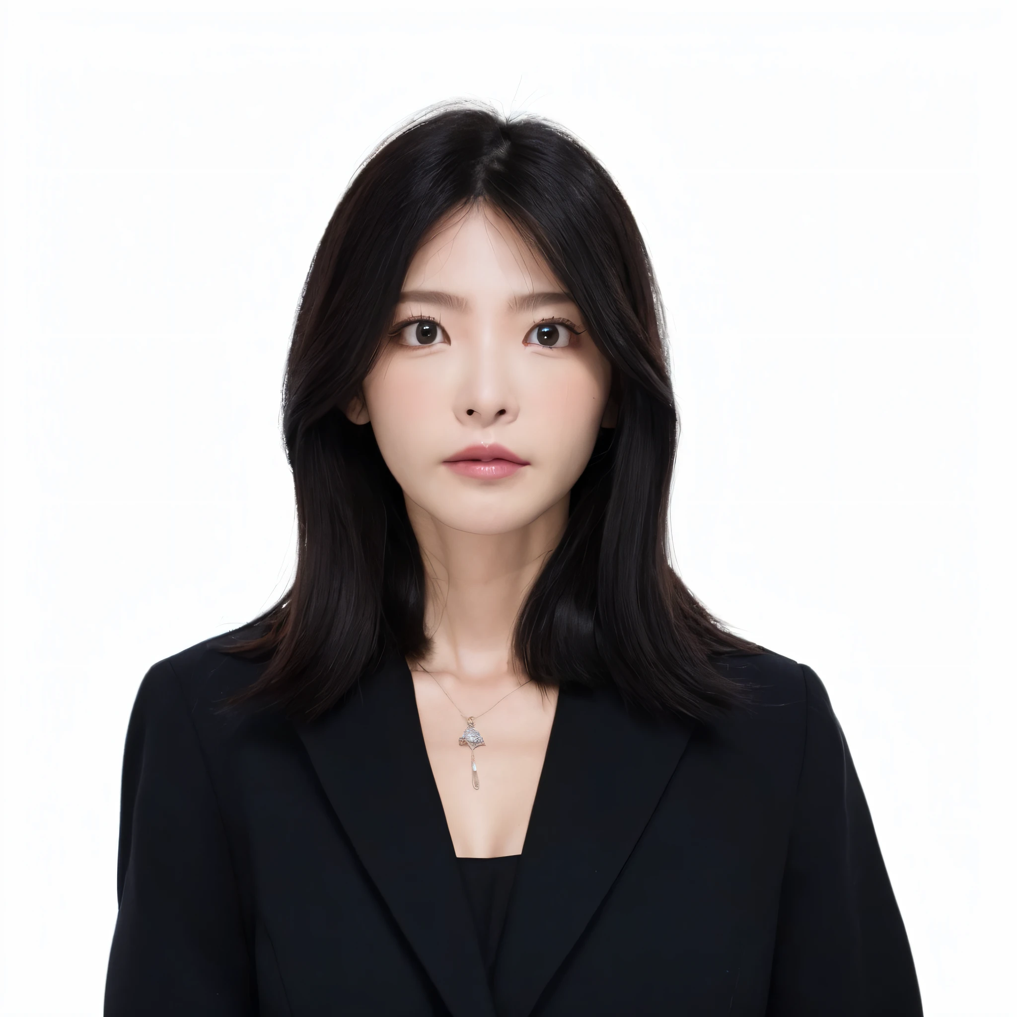 A close-up of a female character,wearing black suits,Wearing a necklace,professional profile photo,white backgrounid。