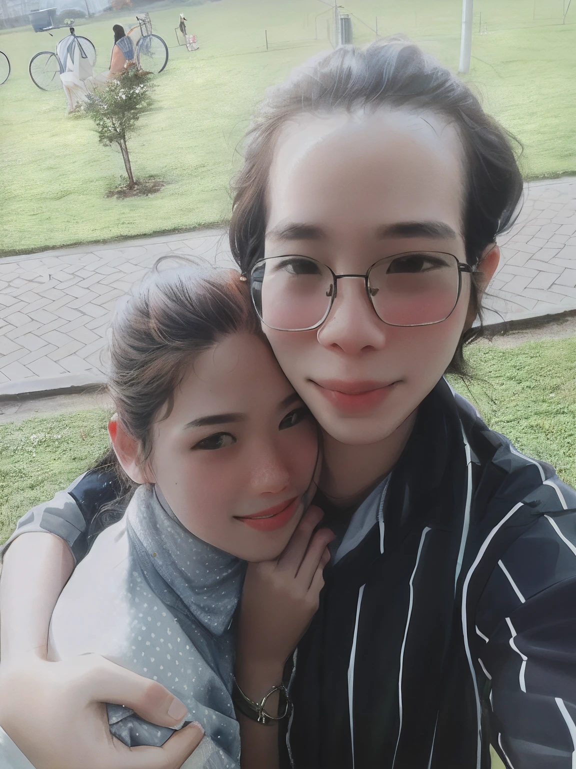 there is a woman and a  that are hugging each other, in love selfie, couple, happy couple, couple pose, lovely couple, with her long, during sunset, 8k selfie photograph, selfie photo, selfie shot straight on angle, tyler edlin and natasha tan, picture, pov photo, kissing together cutely, low quality photo