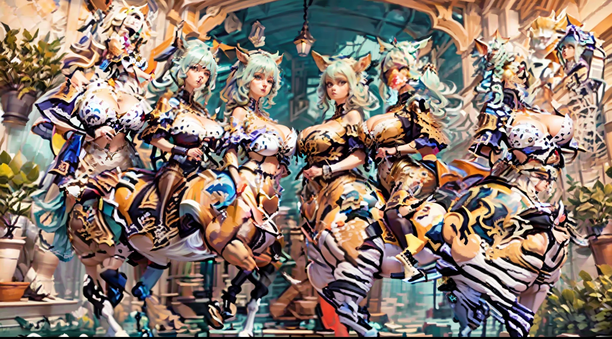 In the beautiful illustration of this super-grand scene,Display ultra-long-range lenses(Over eight unique centaur characters:9.9),They all have their own characteristics,Vivid and interesting。A radiant angel centaur from the celestial realm,To hellish centaurs surrounded by nightmarish flames,Then go to the Wind Fairy centaur dancing in the air,There are also unicorn centaurs surrounded by lightning,and mechanical centaurs shining with metallic light,Then there are the mighty dragon centaurs,Colorful dragon scales cover the whole body,The elegant and agile elf centaur always wears a flower crown,The lines are slender and beautiful,Charming and charming Tiflin centaurs。Each character has their own unique charms and abilities。Illustration uses advanced artistic techniques and tools,(Divide the scene into sections by geometric arrangement:9.9),Each section corresponds to a centaur character,This allows for more efficient use of space。Pass the advanced brush tool halfway、Color Palette、Material packages and model packages,For every centaur, Beautiful props are designed to increase racial characteristics、Clothing and physical characteristics,Enhance the character's personality and visual appeal。The scenery in the illustration is stunning,The sky is changing、rainbowing、extreme light、Stars and Moon。Incorporate iconic landmarks like Mount Everest,and fireworks、Tranquil lake、Natural and urban elements of waves and neon lights,creating a magical atmosphere。Centaurs showcase their unique abilities and equipment in a variety of environments,This is true even in extreme alien landscapes。(Use tools halfway、Material pack、Texture tools、The color palette makes the depiction details vivid and realistic:9.9),From complex hairstyles and different ethnic characteristics、Body、Appearance characteristics、Clothing to real textures,This greatly enhances the realism of the characters and surroundings。The fusion of multiple artistic styles adds movement from all angles to the movement of centau