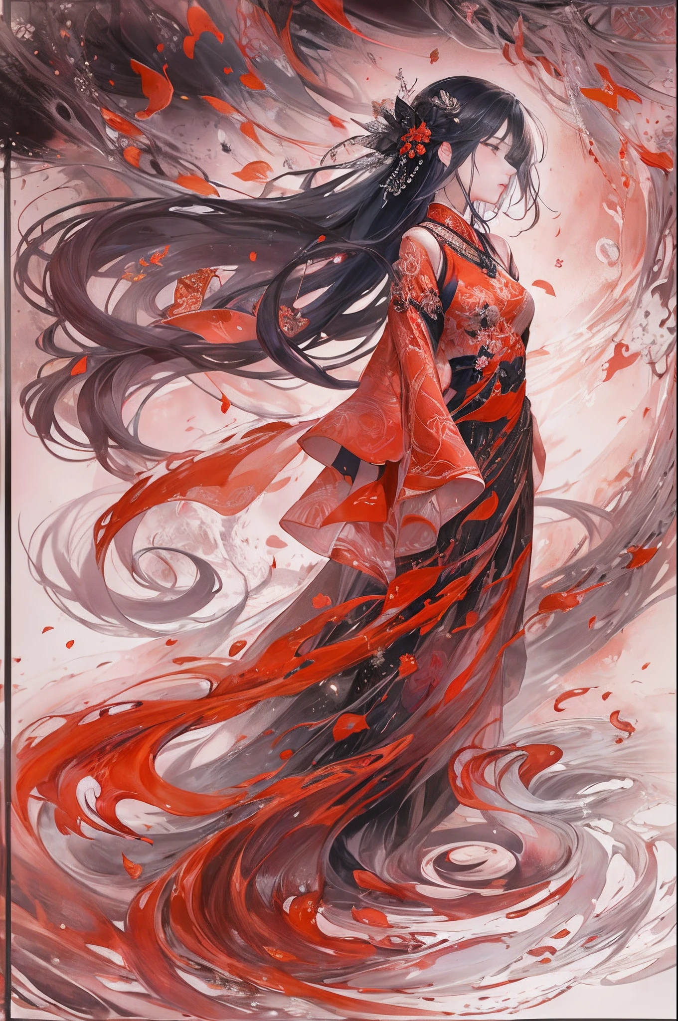 A poetic photography capturing a girl in elegant jin clothes, surrounded by swirling ink fluid effects. The girl's attire is adorned with intricate patterns, and she stands gracefully amid a sea of red and black. Her expression is serene as she gazes into the distance, lost in thought. The ink fluid gracefully dances around her, creating a dreamlike ambiance. Photographed in an intimate setting with soft lighting.